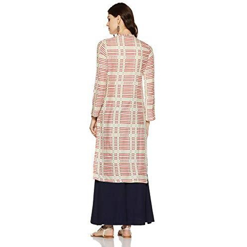 W For Woman Viscose Straight Stripe Printed Kurta In White & Red Colour | Straight Women Kurta | Geometric Printed Mandarin Collar Kurta