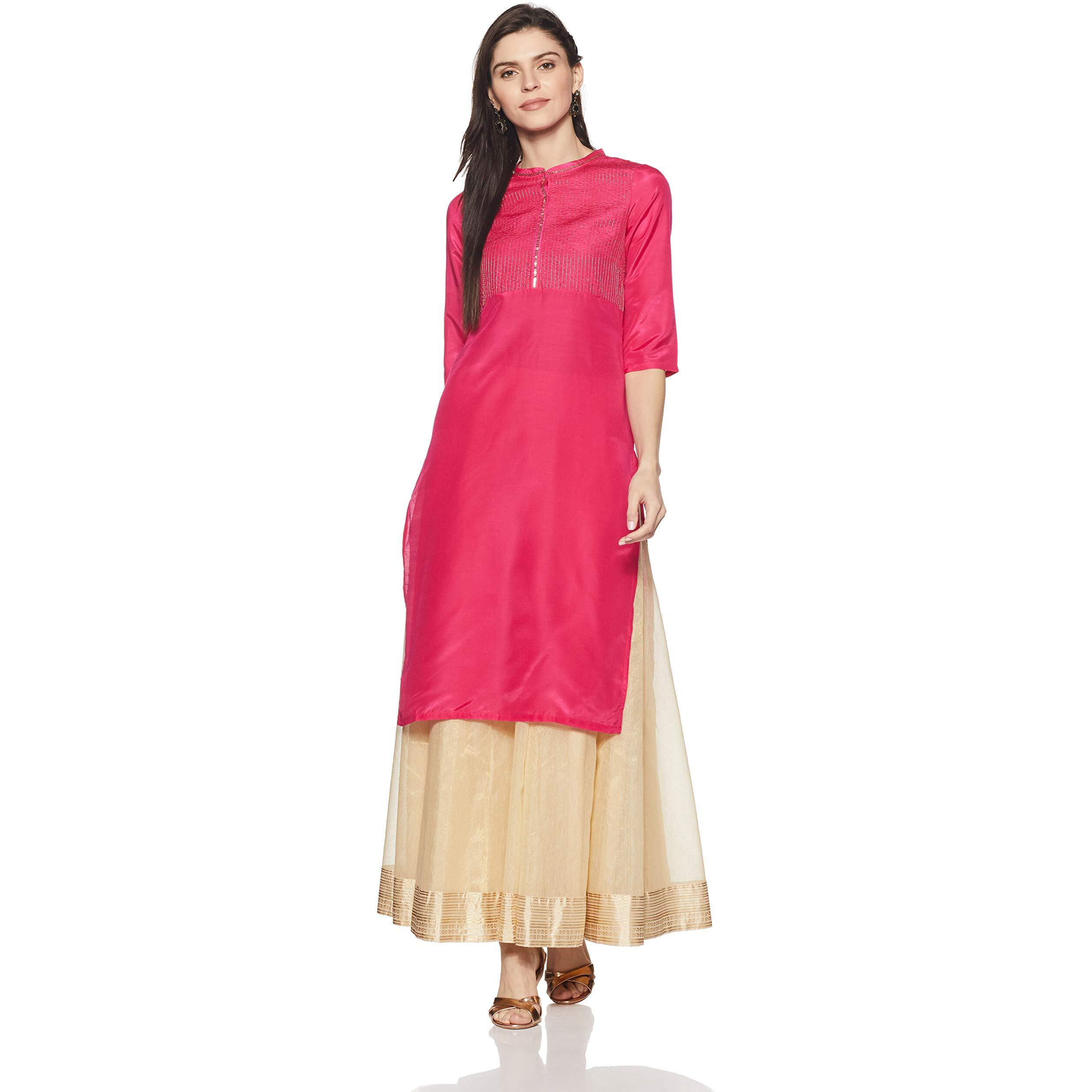 Aurelia Women's Synthetic Straight Kurta (18Aua10311-200153_S_Pink_Pink_S)
