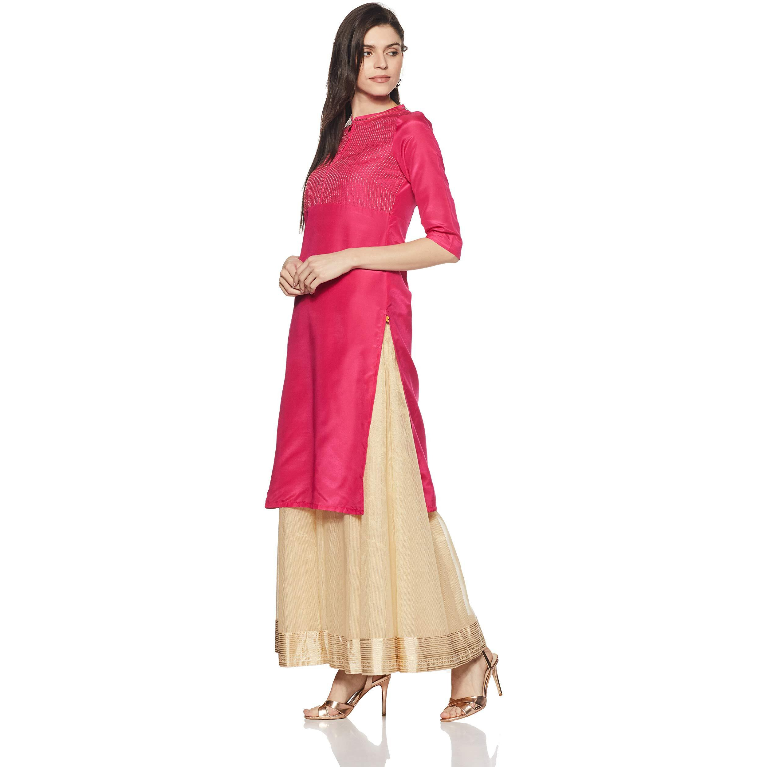 Aurelia Women's Synthetic Straight Kurta (18Aua10311-200153_S_Pink_Pink_S)