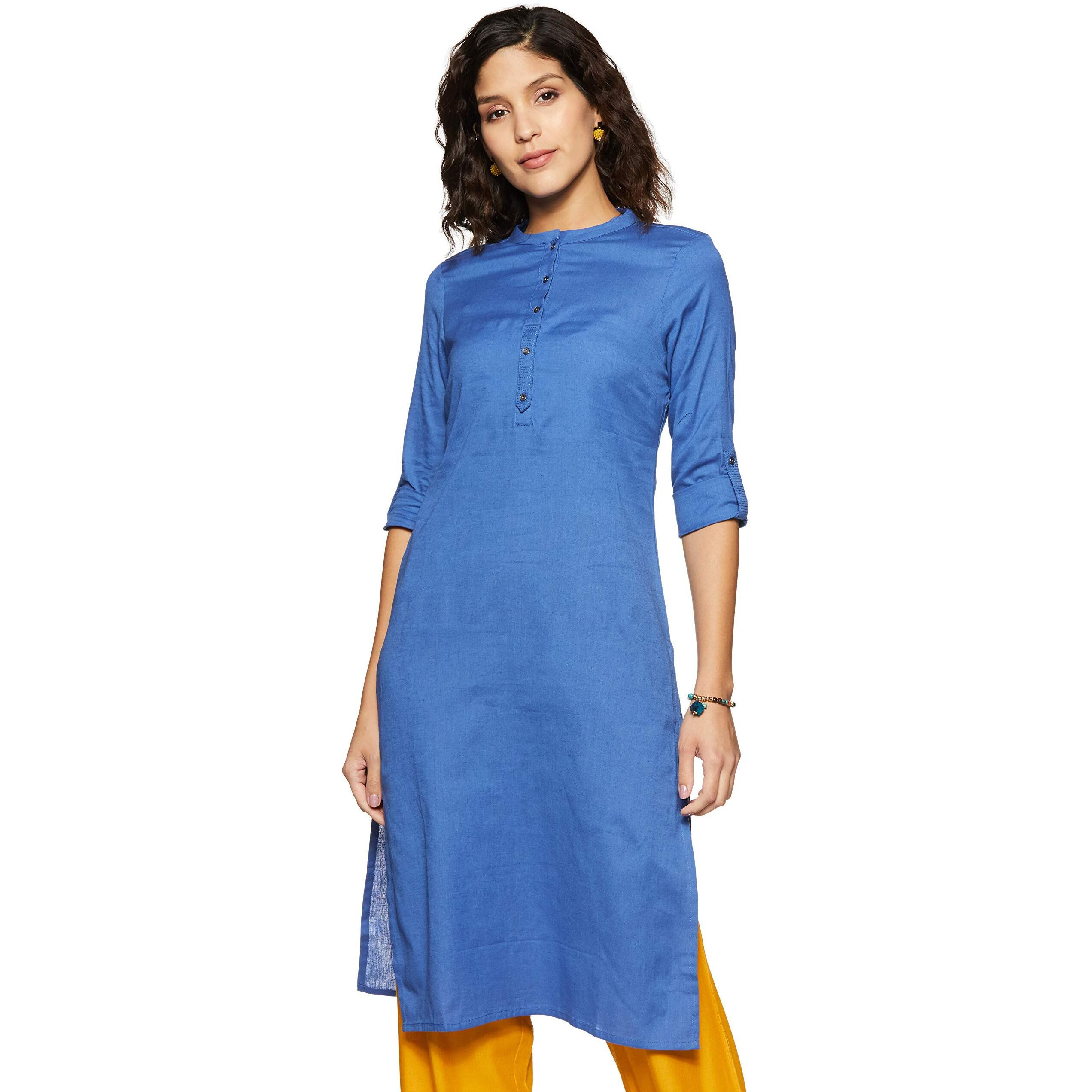 W For Woman Women's Cotton Straight Fit Kurta (19Few11542-211275_Blue_S (8))