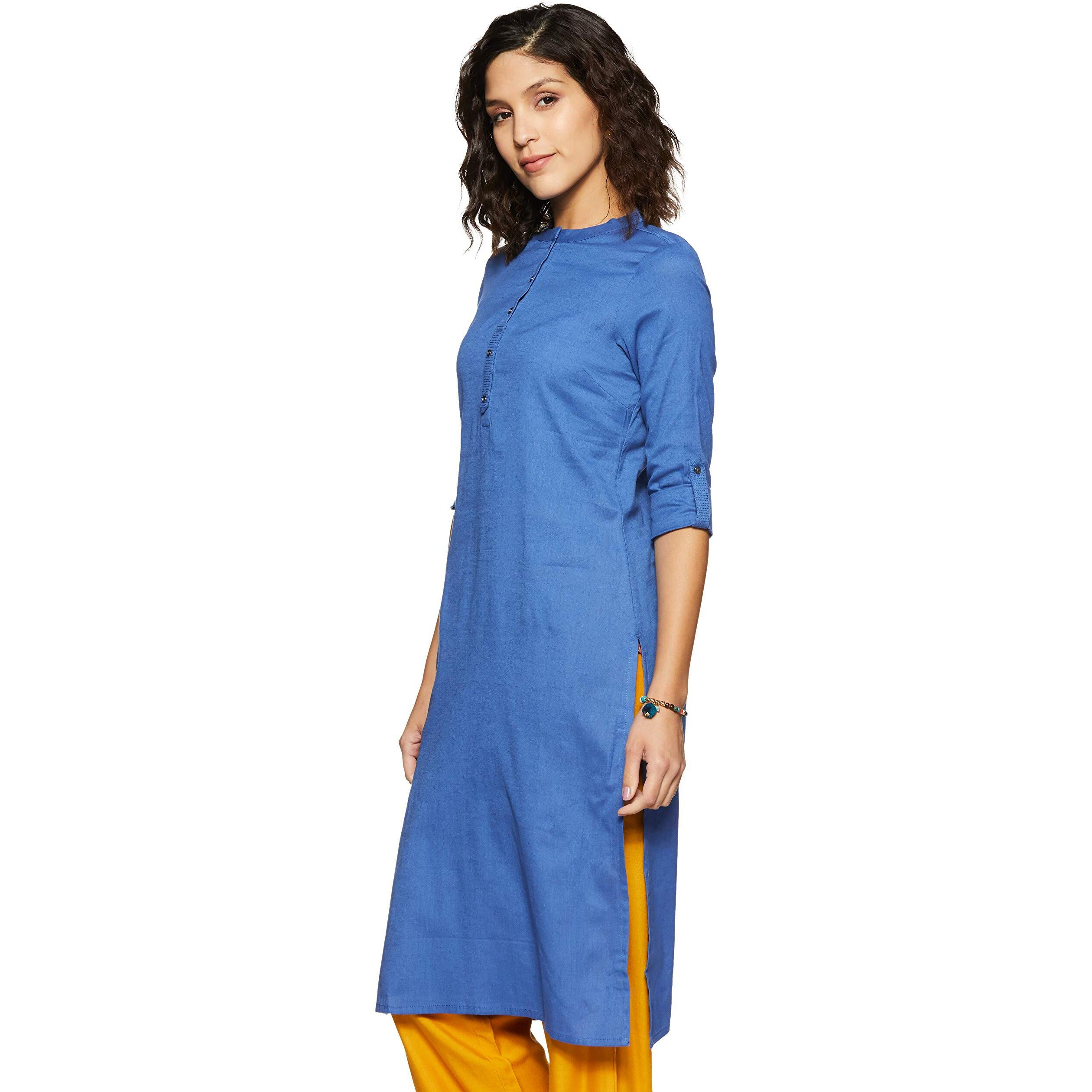 W For Woman Women's Cotton Straight Fit Kurta (19Few11542-211275_Blue_S (8))