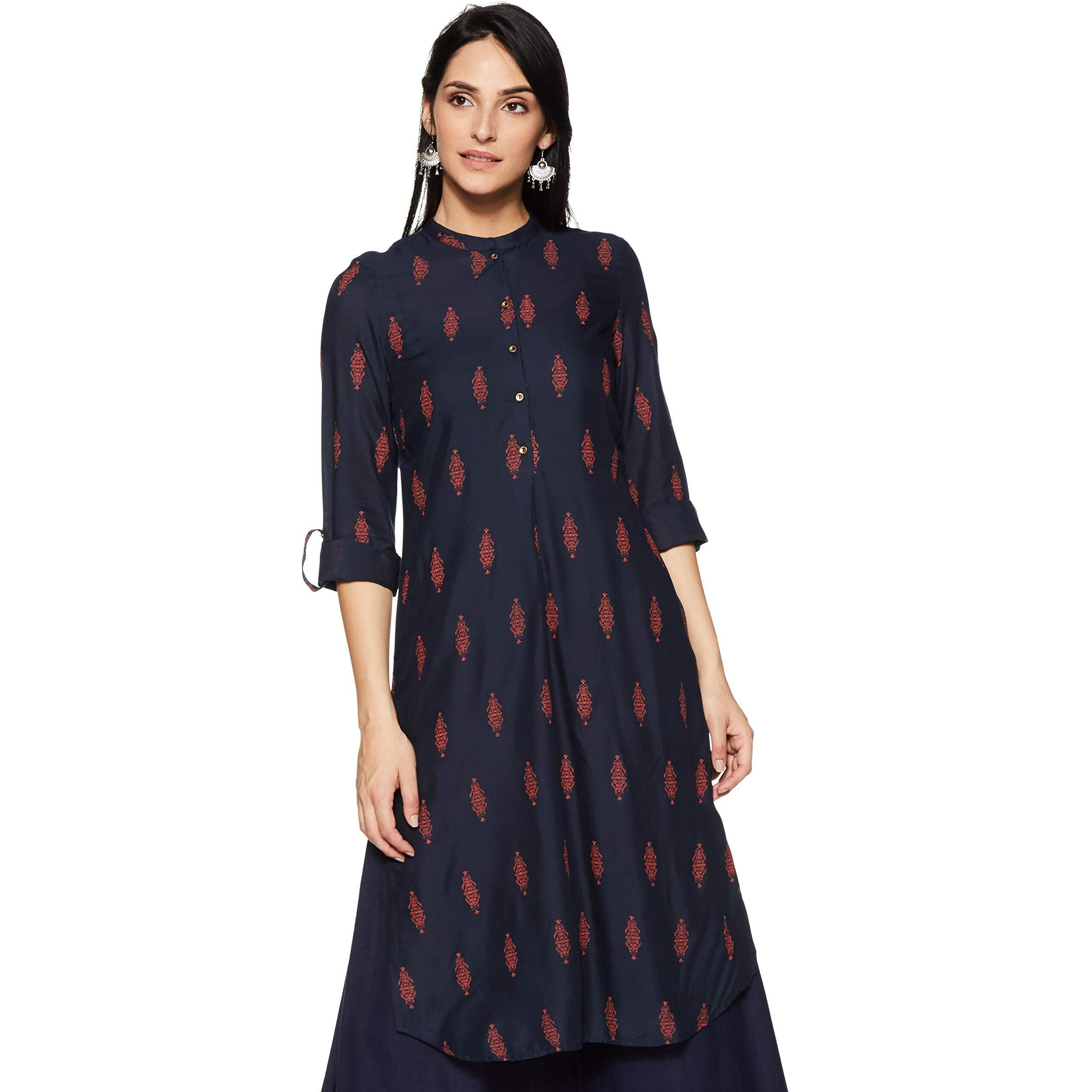 W For Woman W Blue Mandarin Neck Printed Kurta