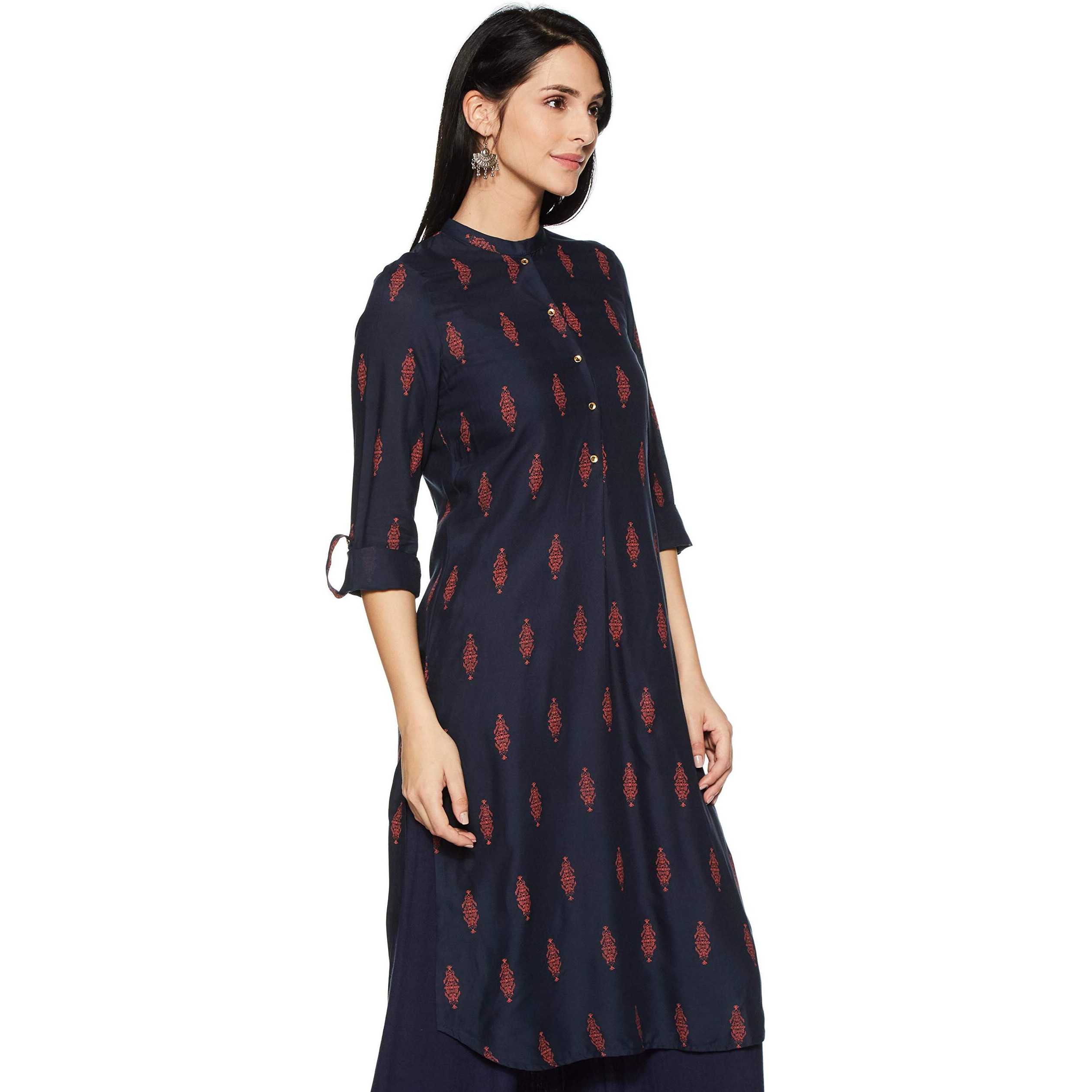 W For Woman W Blue Mandarin Neck Printed Kurta