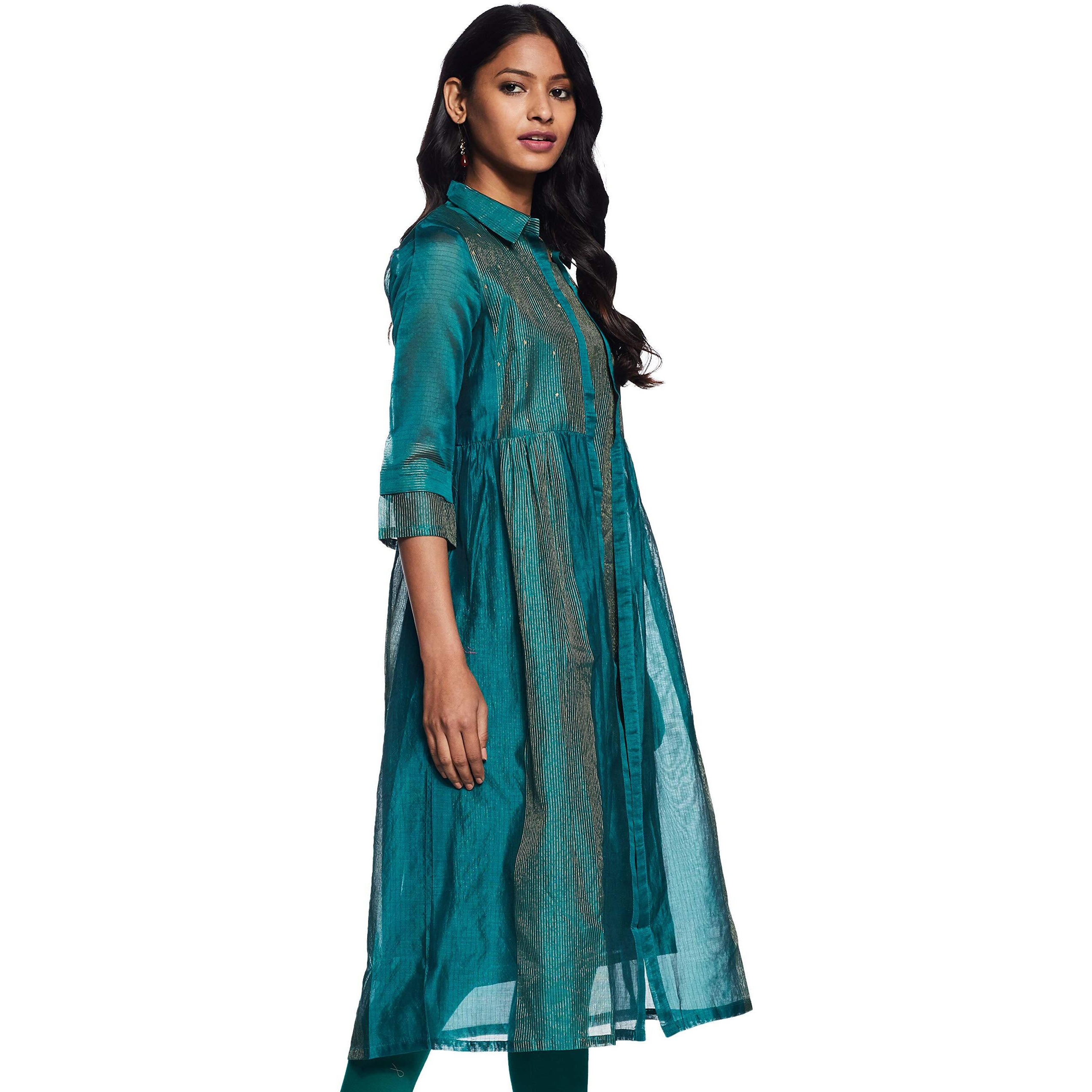 W For Woman Women's Cotton Striped Regular Kurta (19Auw12910-310630_Teal_Xl (14))