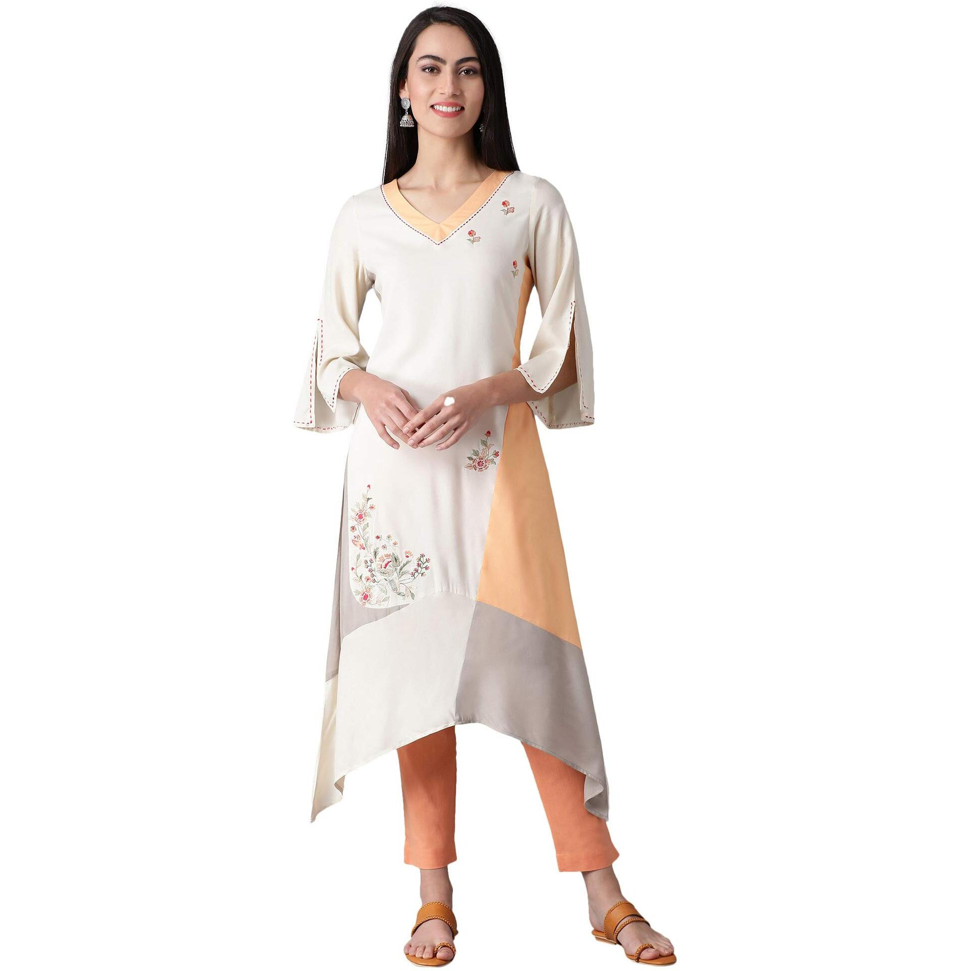W For Woman Women Viscose Regular Fit Beige A-Line Dipped Kurta_21Few13556-213879_3Xl