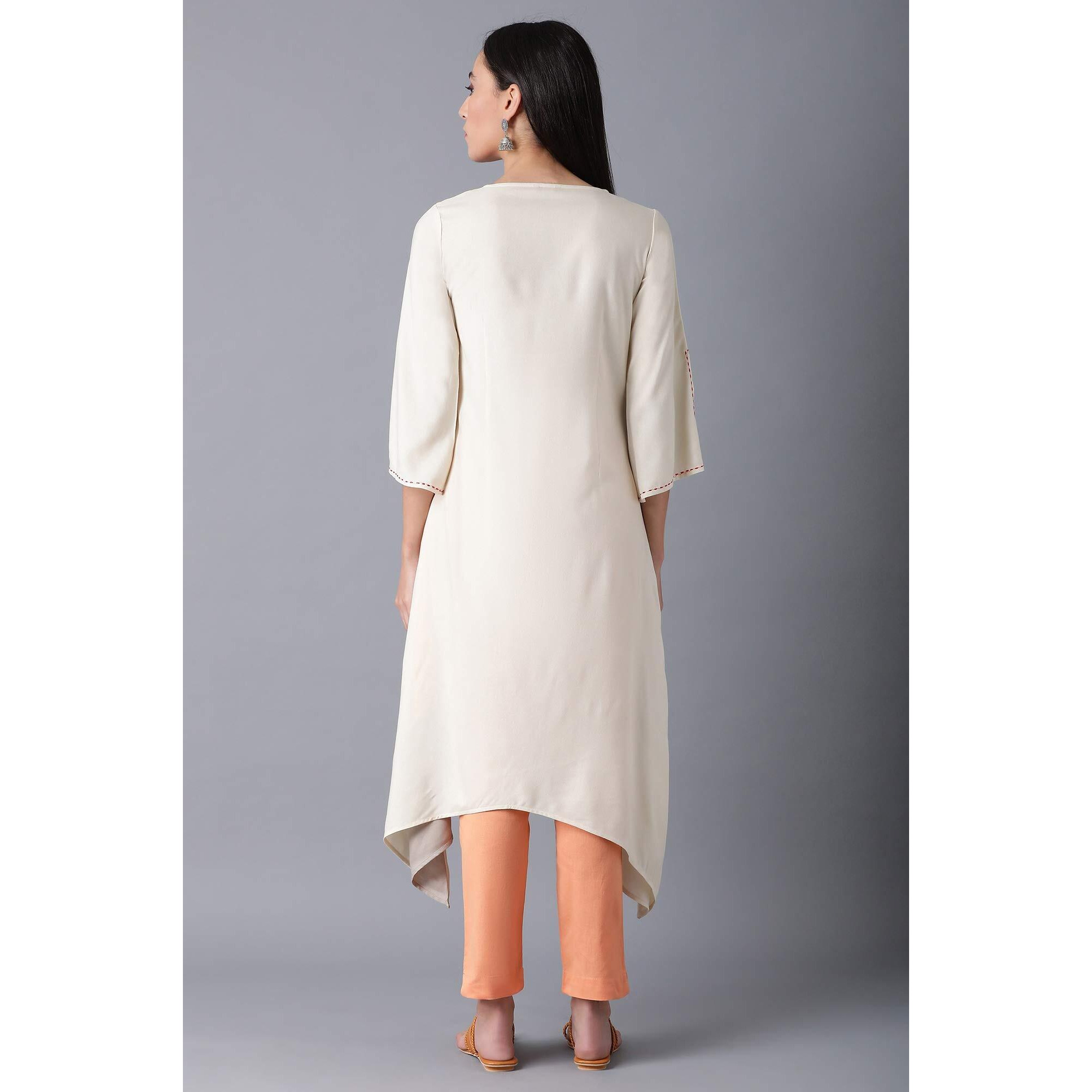 W For Woman Women Viscose Regular Fit Beige A-Line Dipped Kurta_21Few13556-213879_3Xl