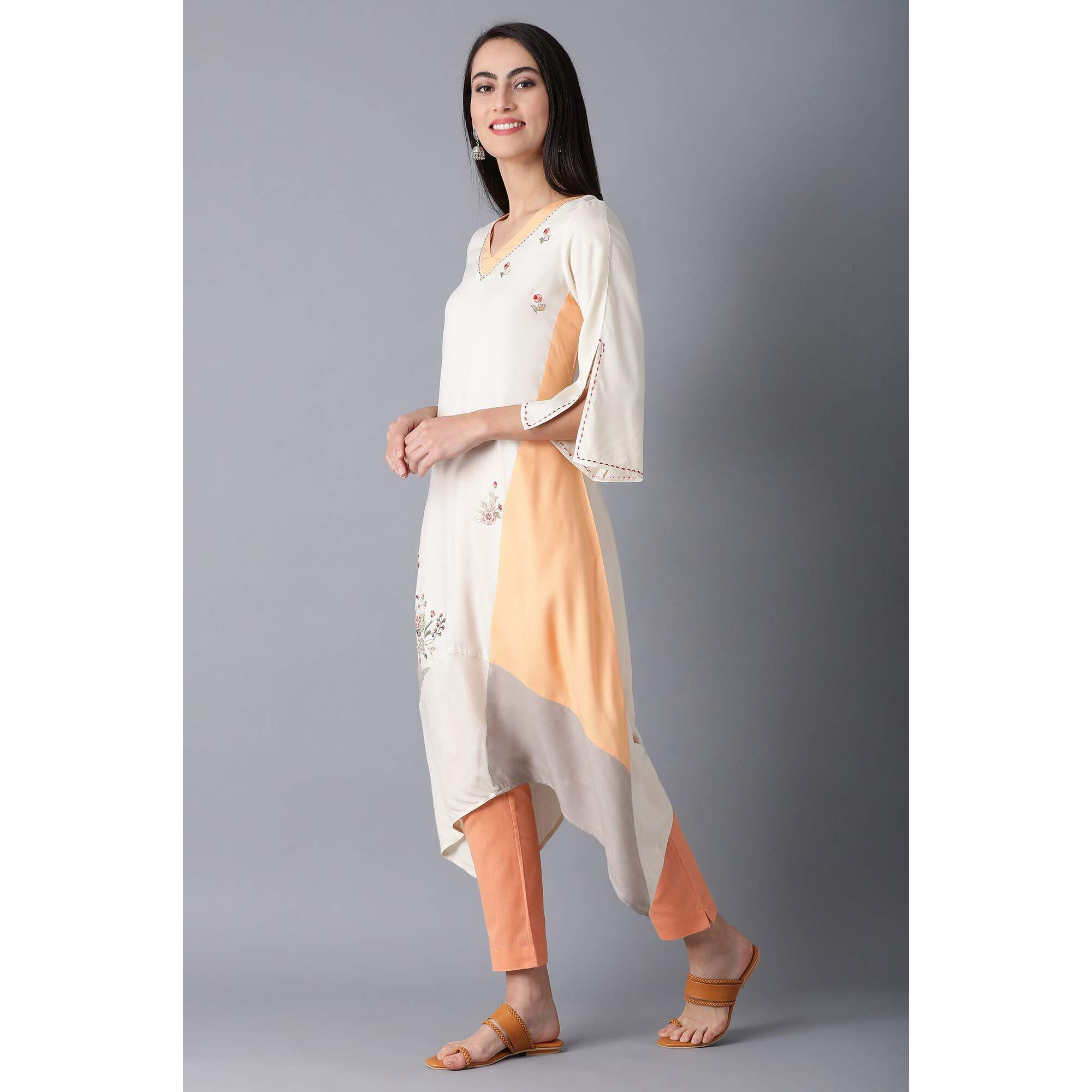 W For Woman Women Viscose Regular Fit Beige A-Line Dipped Kurta_21Few13556-213879_3Xl