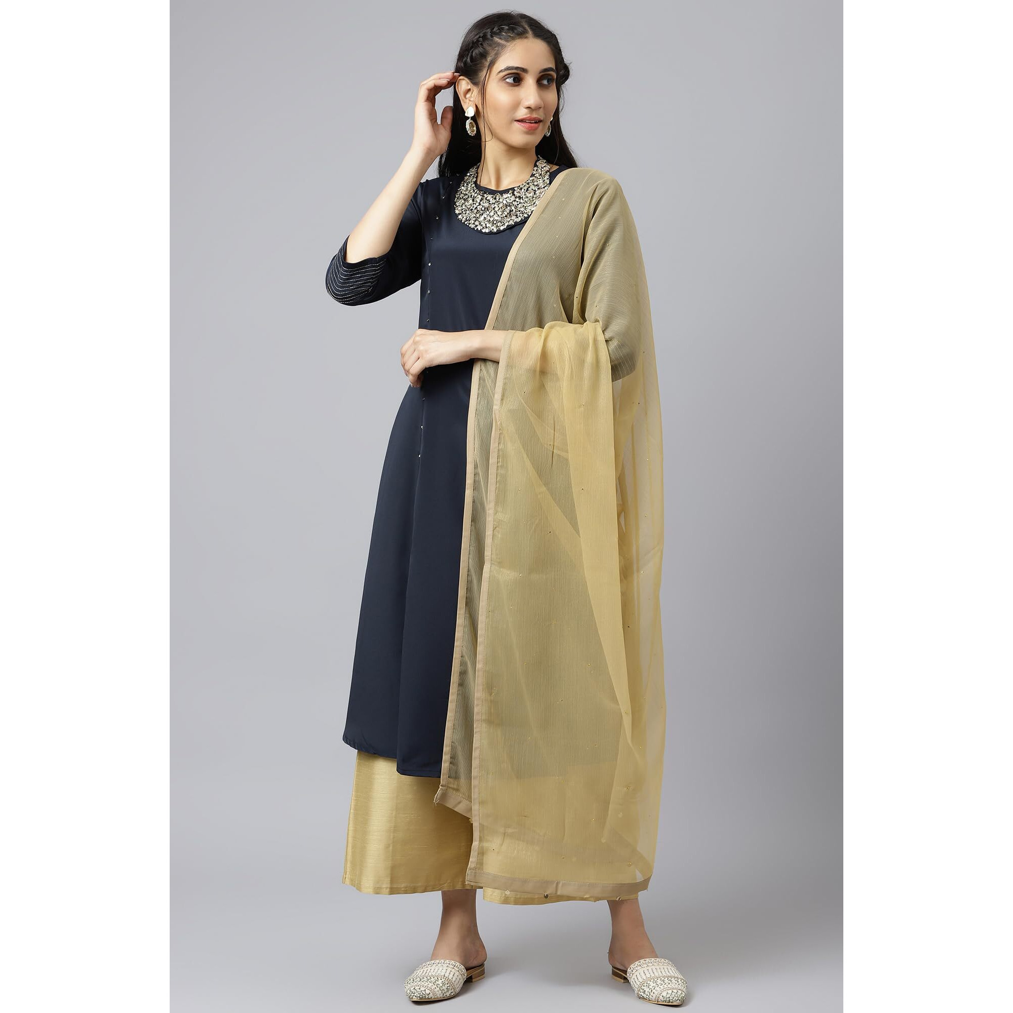 W For Woman Golden Chiffon Dupatta With Sequin