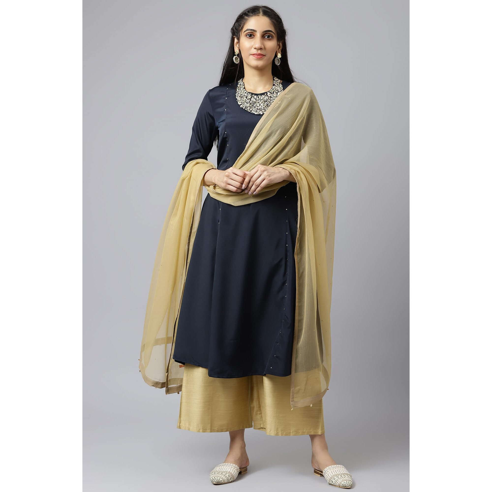 W For Woman Golden Chiffon Dupatta With Sequin