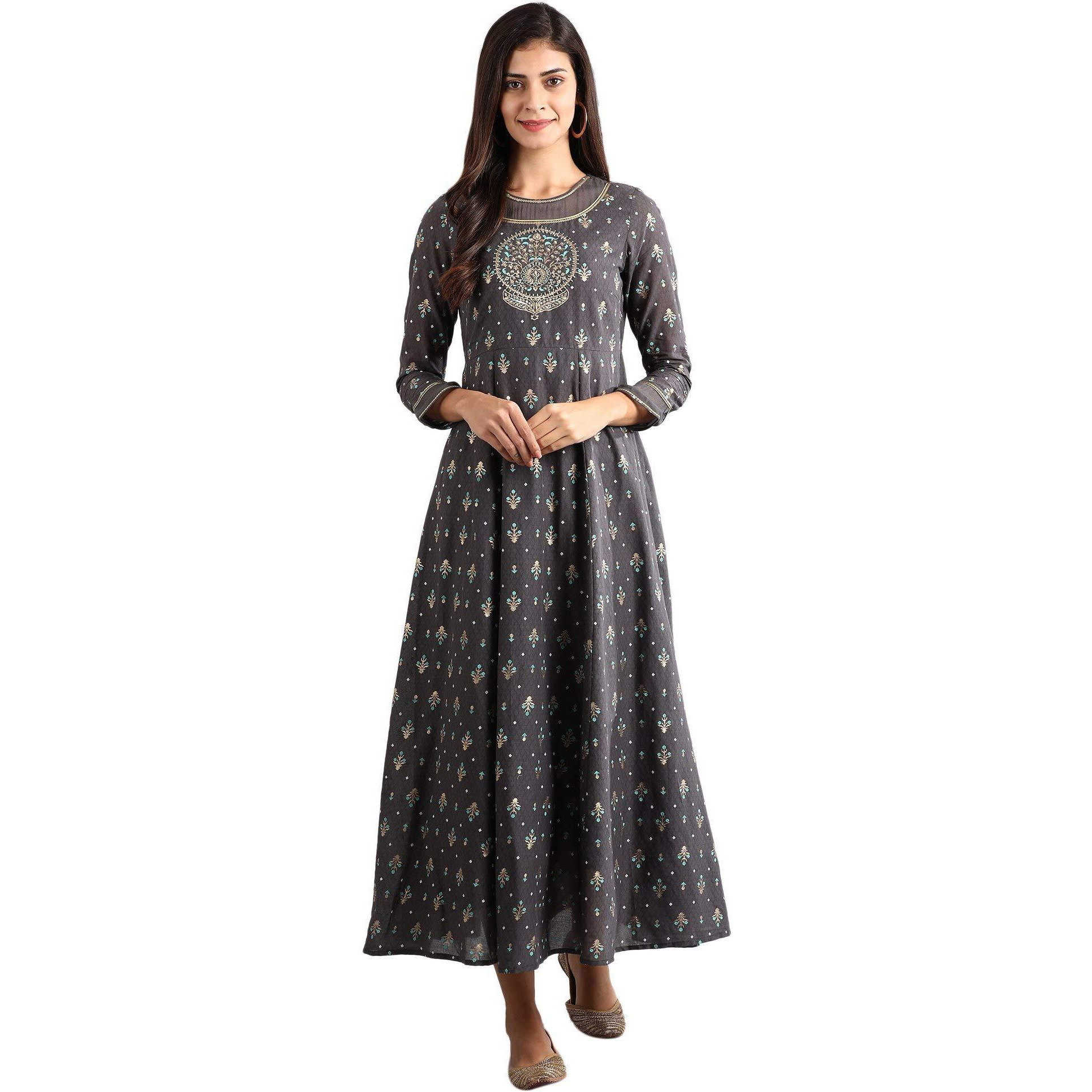 Aurelia Women's Polyester Grey Round Neck Printed Dress Calf Length (21Fea11367-501705 S)
