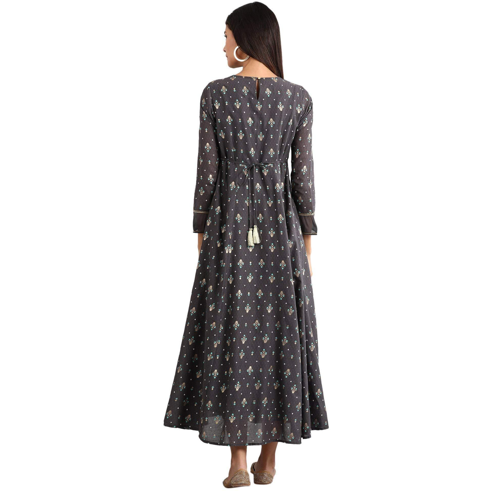 Aurelia Women's Polyester Grey Round Neck Printed Dress Calf Length (21Fea11367-501705 S)
