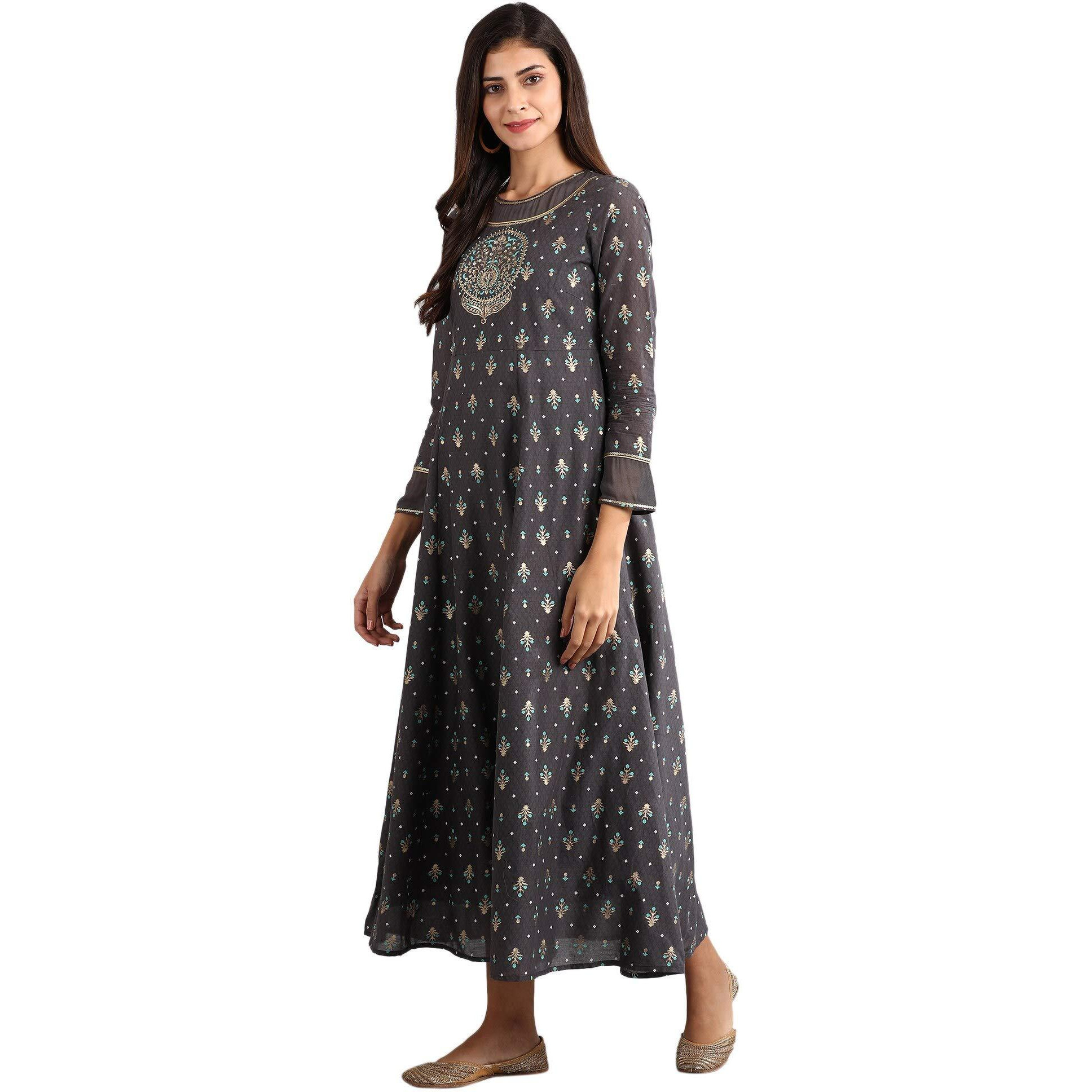 Aurelia Women's Polyester Grey Round Neck Printed Dress Calf Length (21Fea11367-501705 S)
