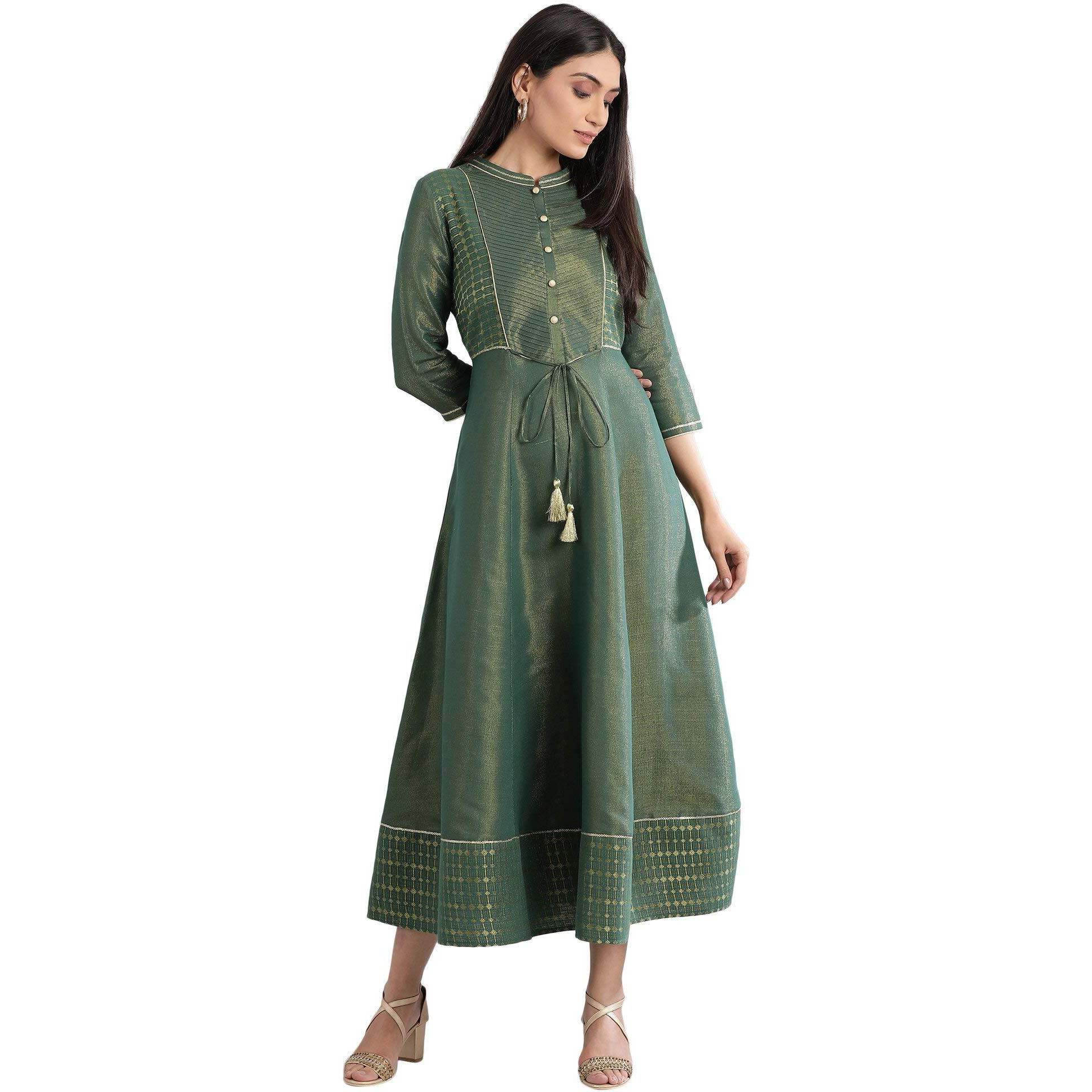 Aurelia Women's Cotton Blend Green Mandarin Neck Yarn-Dyed Dress Below The Knee (21Fea11614-701280 S)