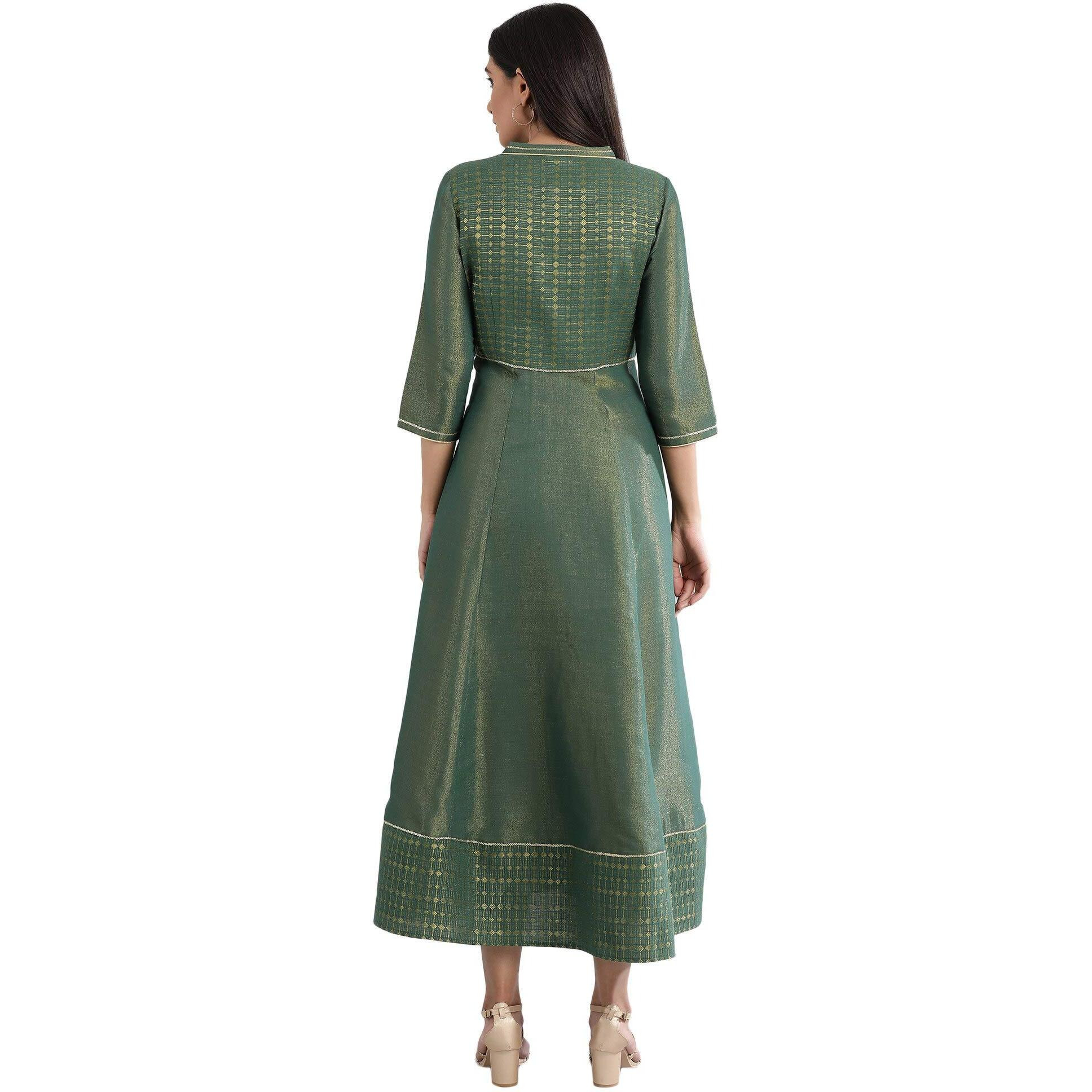 Aurelia Women's Cotton Blend Green Mandarin Neck Yarn-Dyed Dress Below The Knee (21Fea11614-701280 S)