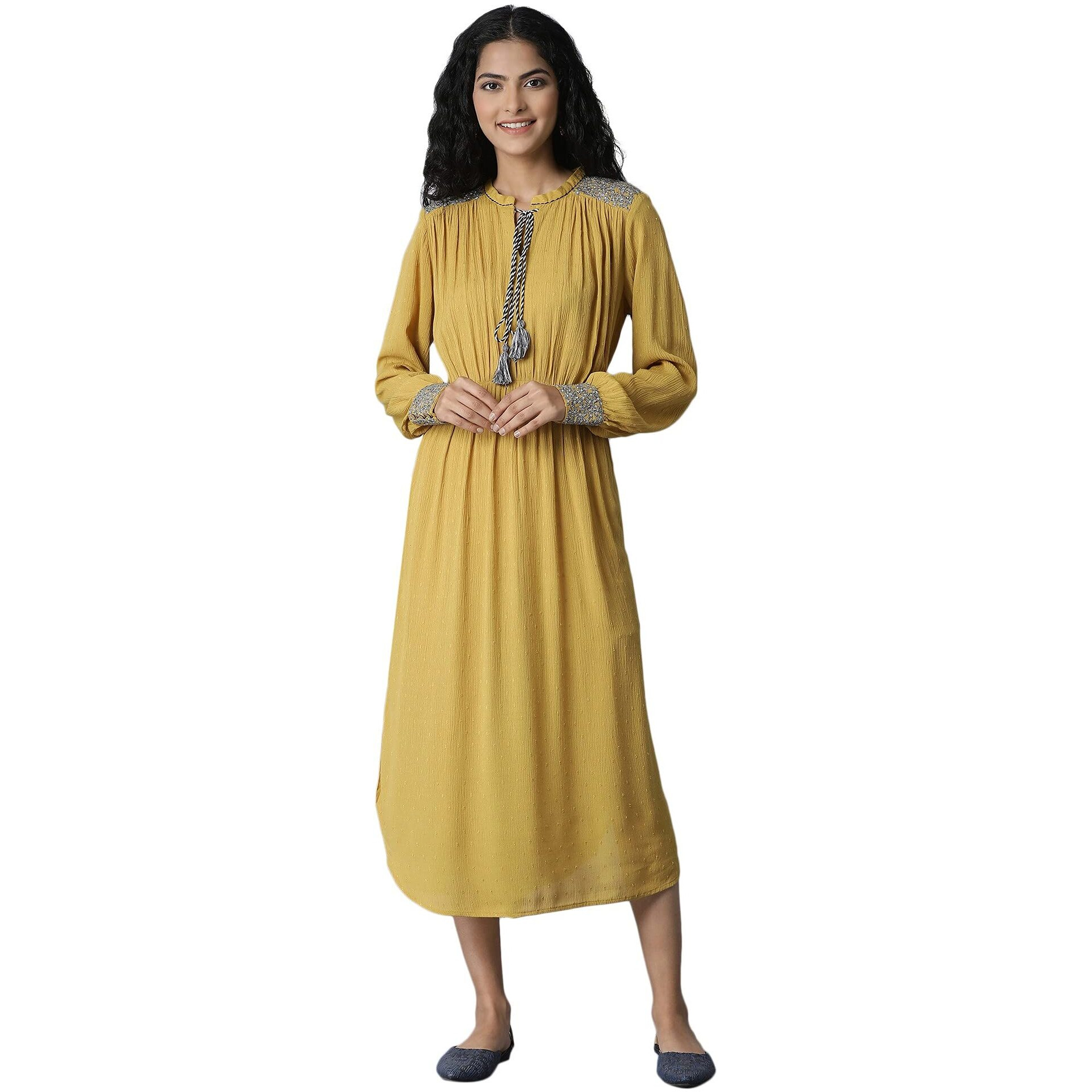 W For Woman Mustard Yellow Gathered Dress_21Few13732-311749_M