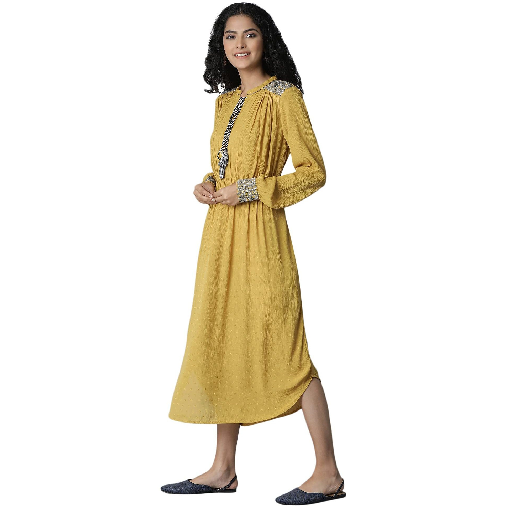 W For Woman Mustard Yellow Gathered Dress_21Few13732-311749_M