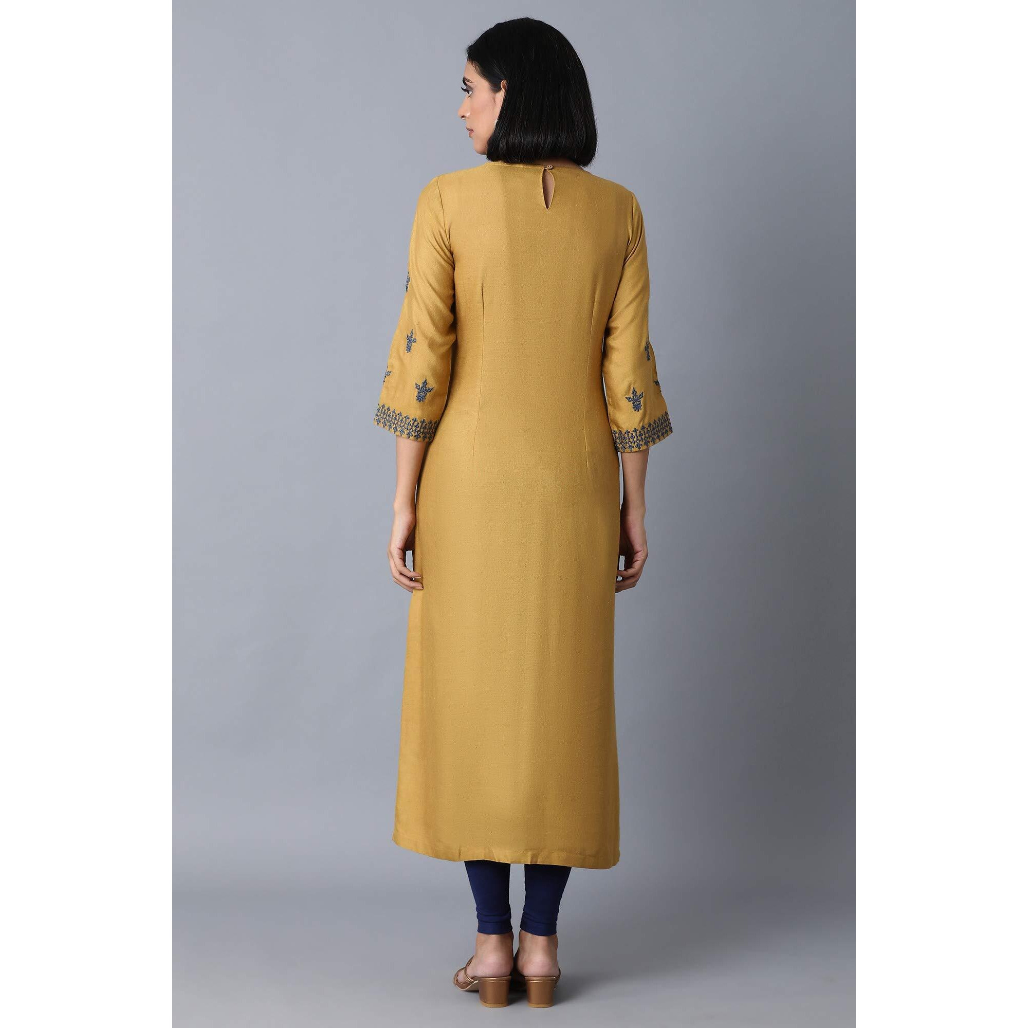 W For Woman Women's Rayon Blend Regular Dress (21Few14258-214366_Dark Yellow_8)