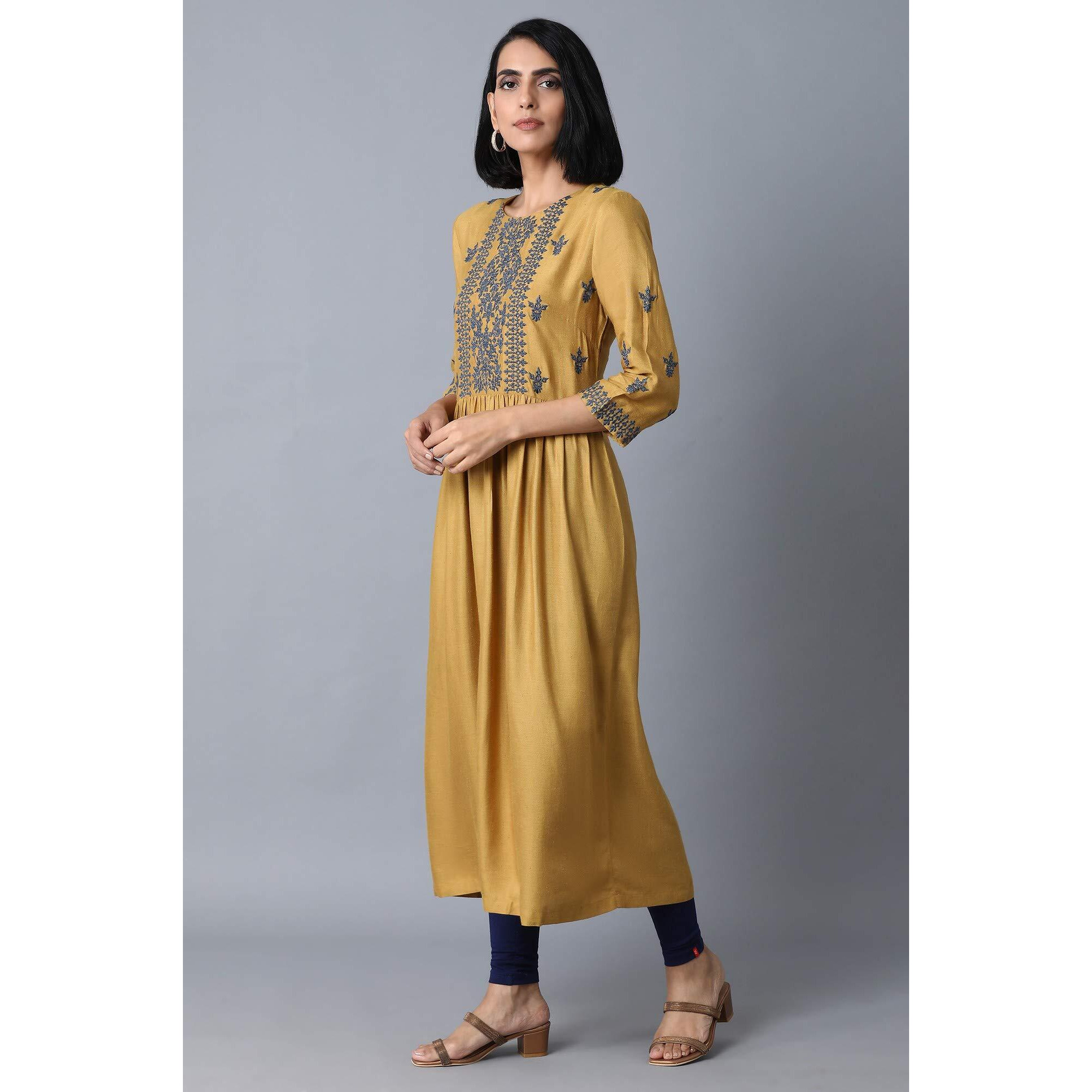 W For Woman Women's Rayon Blend Regular Dress (21Few14258-214366_Dark Yellow_8)