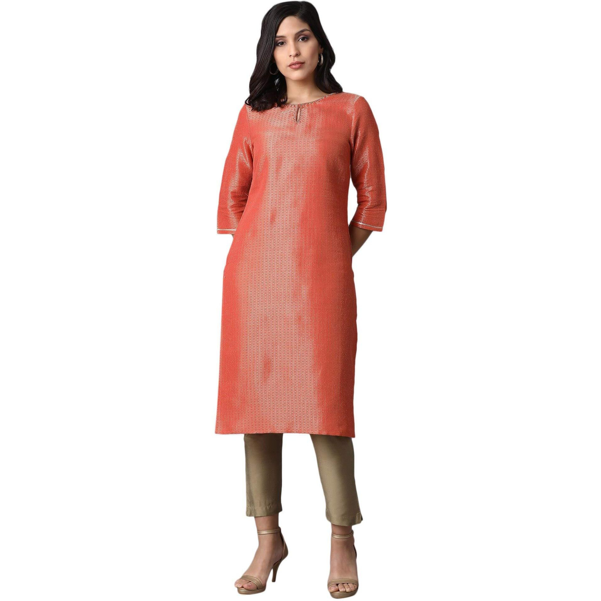 W For Woman Women's Cotton Regular Kurta (20Auw14360-311826_Orange_3Xl)