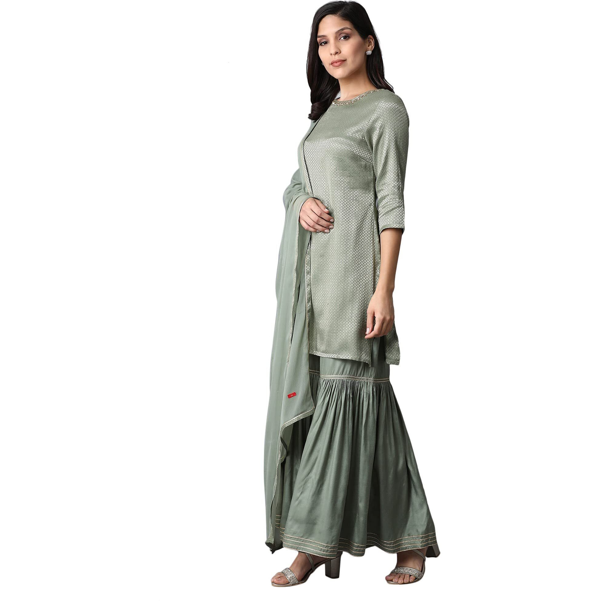 W For Woman Women's Rayon Kurta, Sharara, Dupatta (20Auws14361-311719_Light Green_Regular)