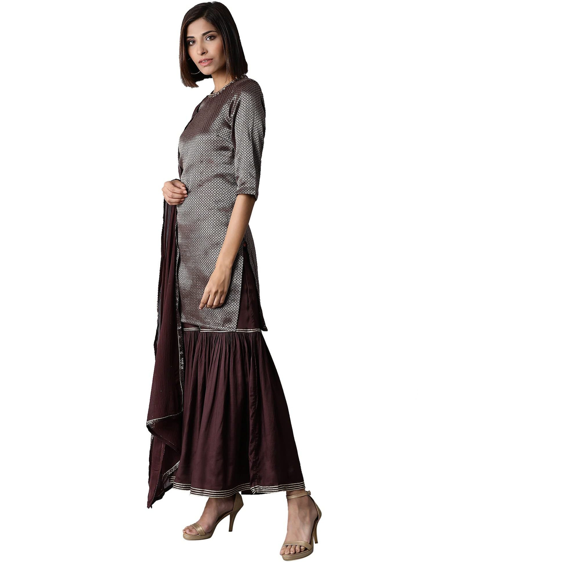 W For Woman Women Rayon Kurta, Sharara, Dupatta (Dark Purple_Regular)