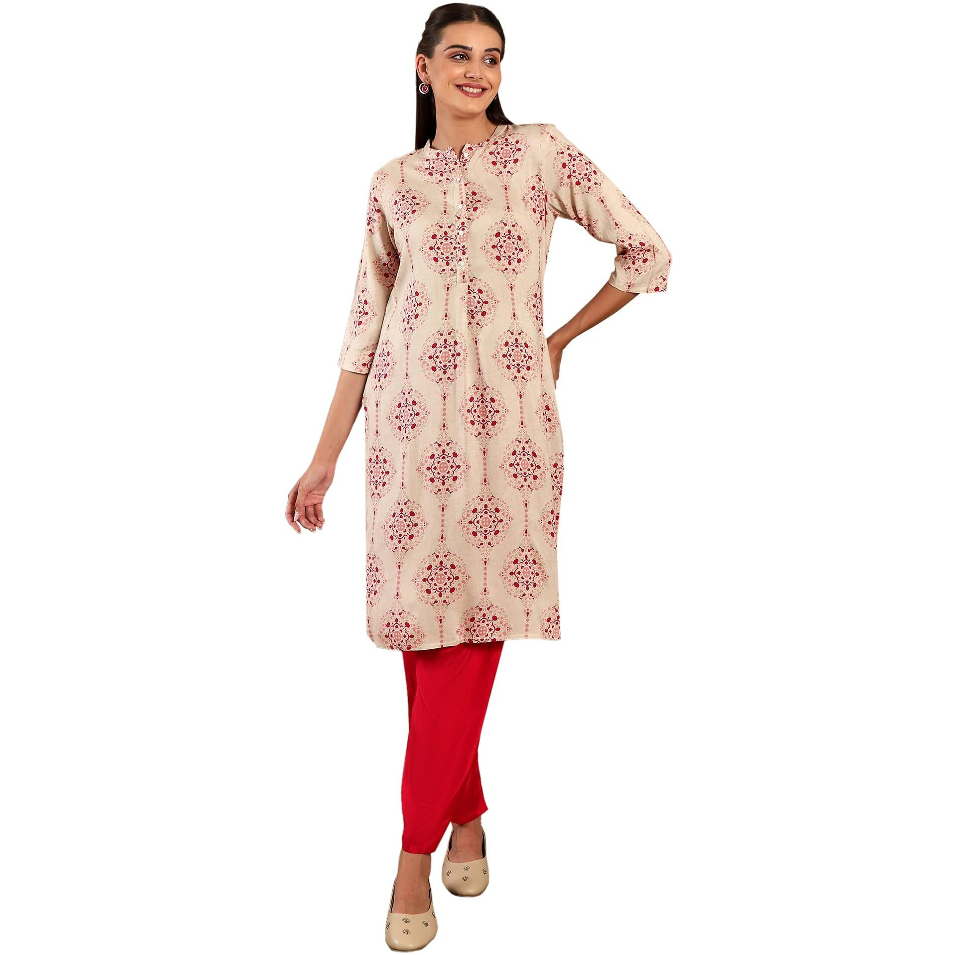 W Beige Floral Printed Regular Kurta For Women