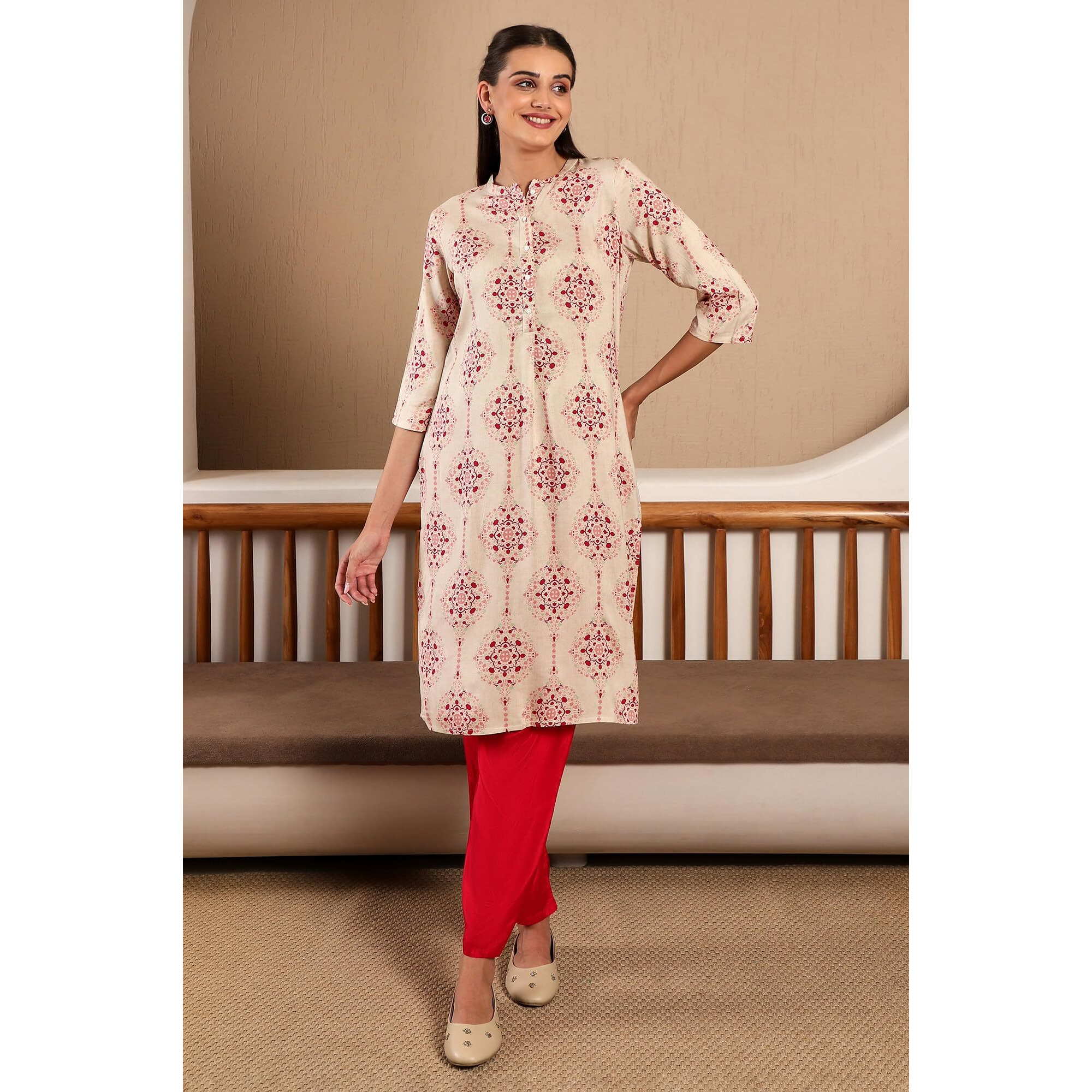 W Beige Floral Printed Regular Kurta For Women