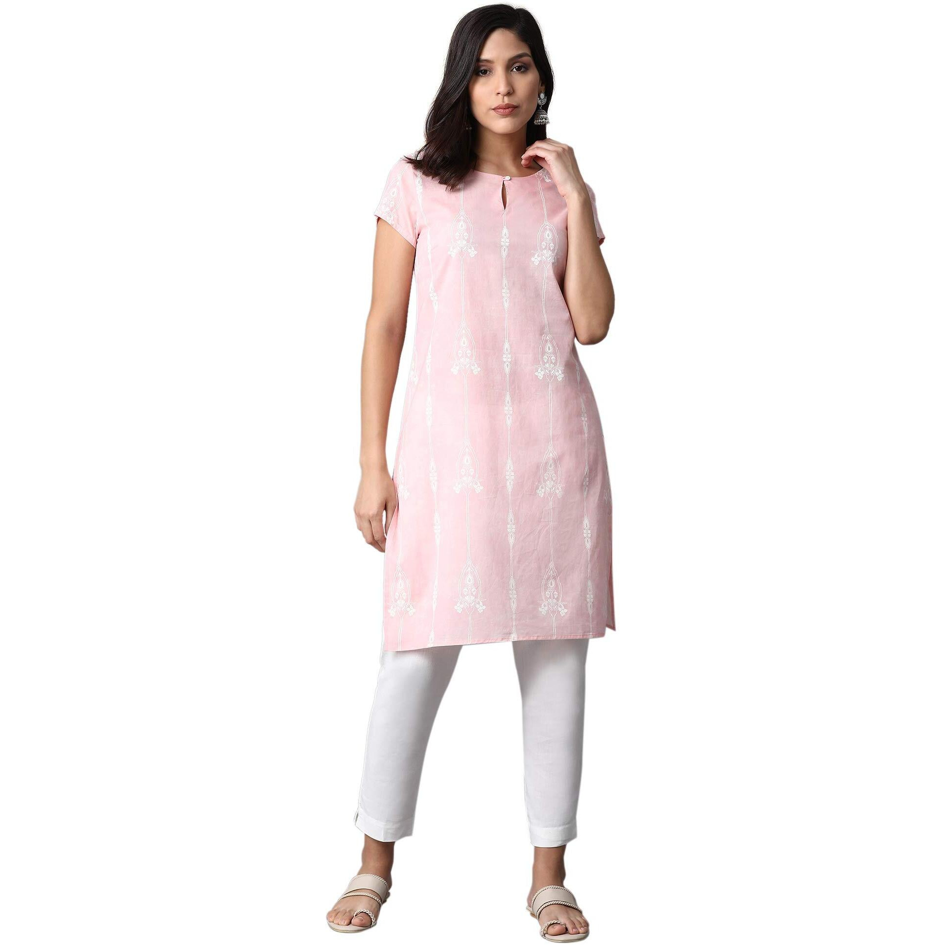 W Light Pink Floral Printed Regular Cotton Kurta For Women