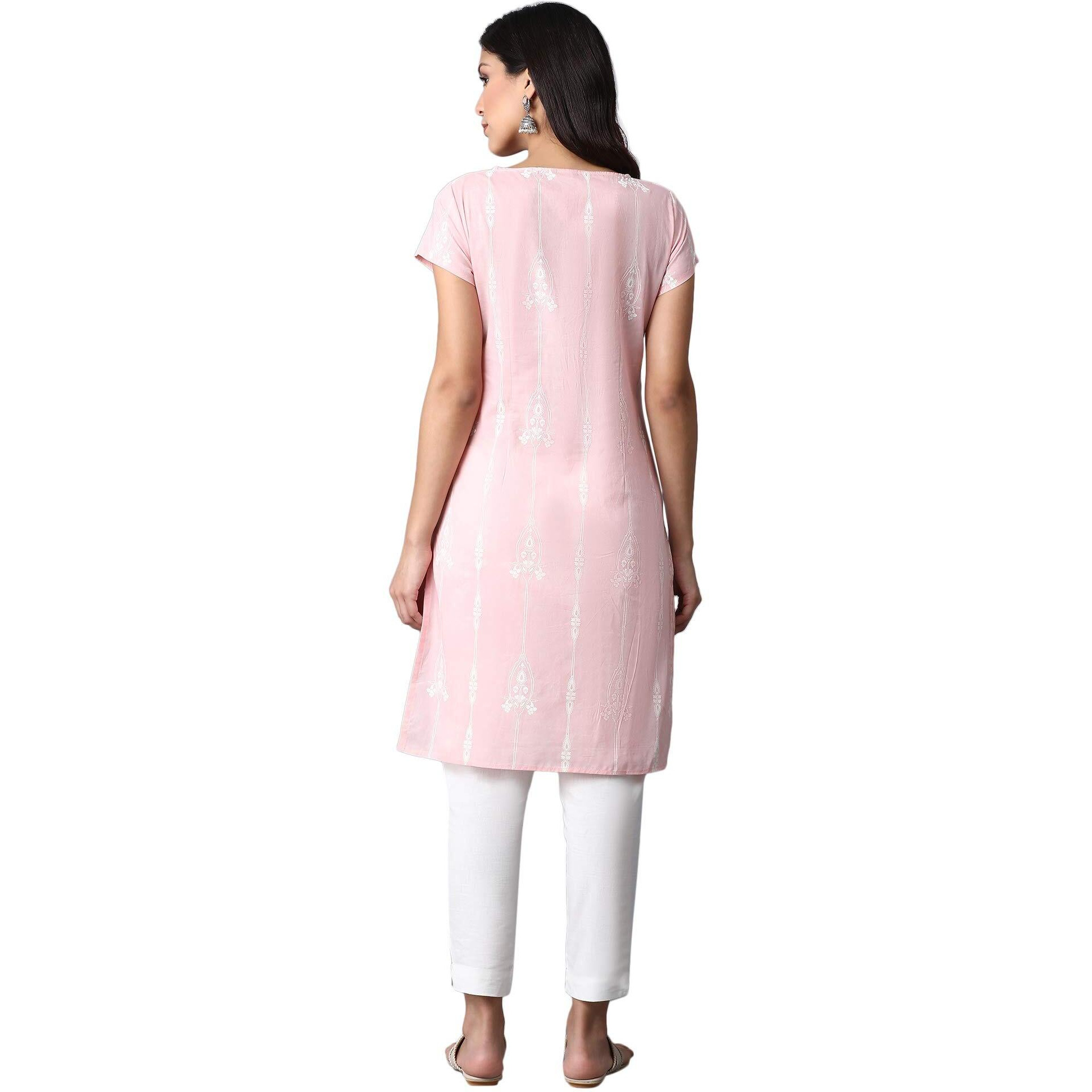 W Light Pink Floral Printed Regular Cotton Kurta For Women