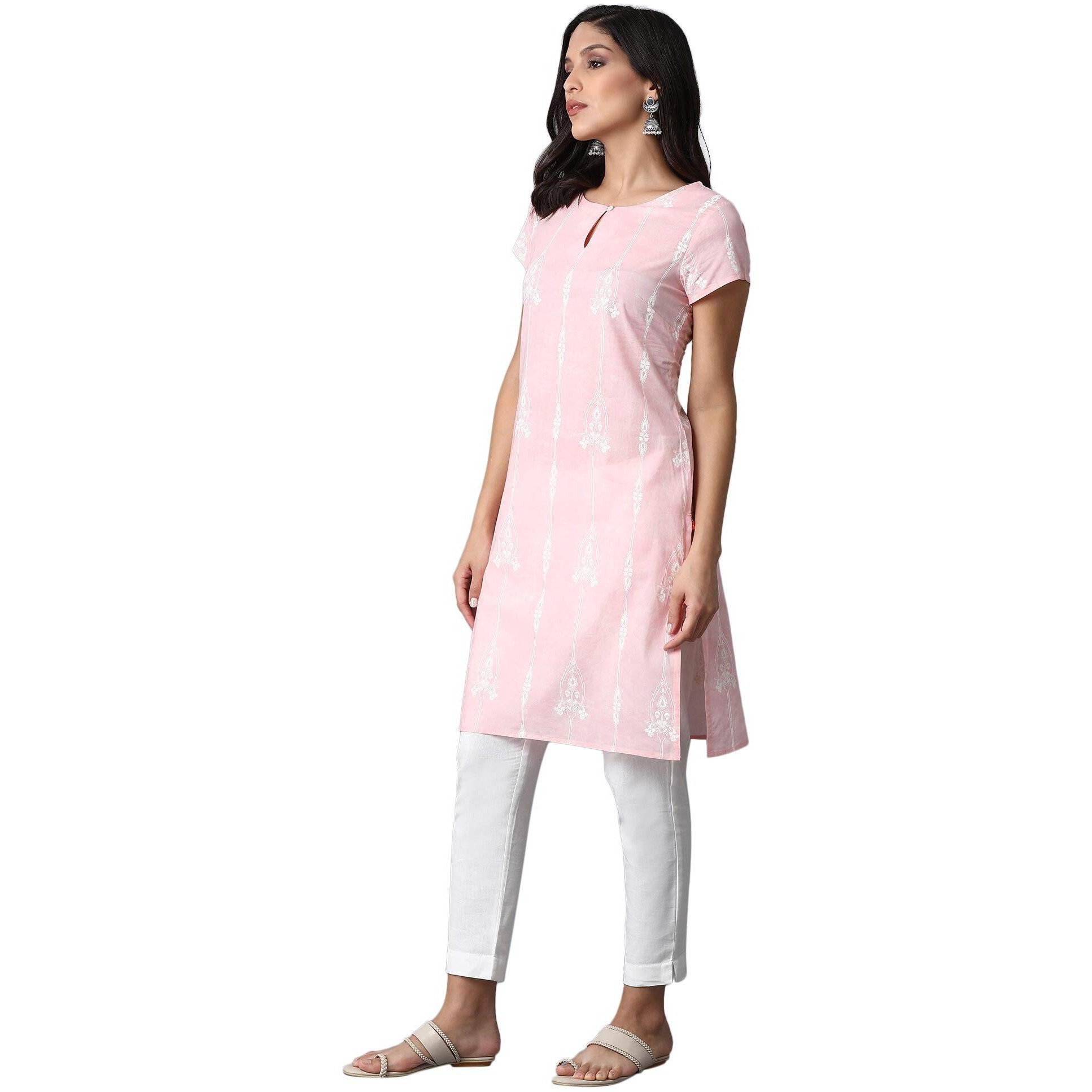W Light Pink Floral Printed Regular Cotton Kurta For Women