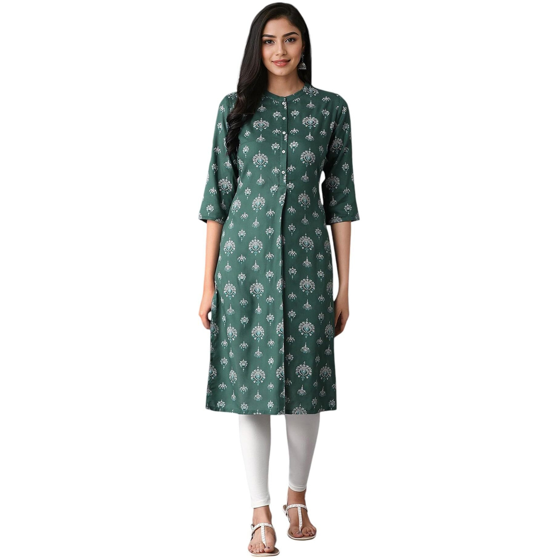 W Green Floral Printed Regular Kurta For Women