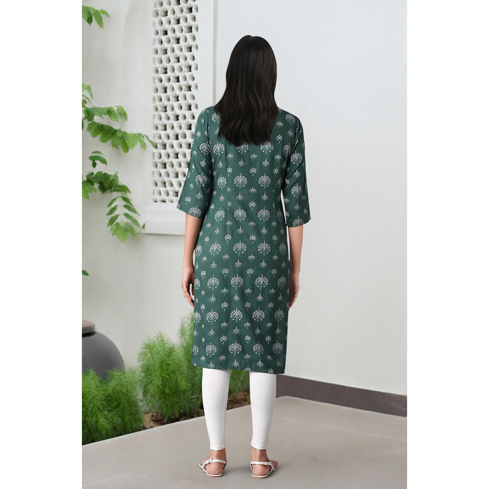 W Green Floral Printed Regular Kurta For Women