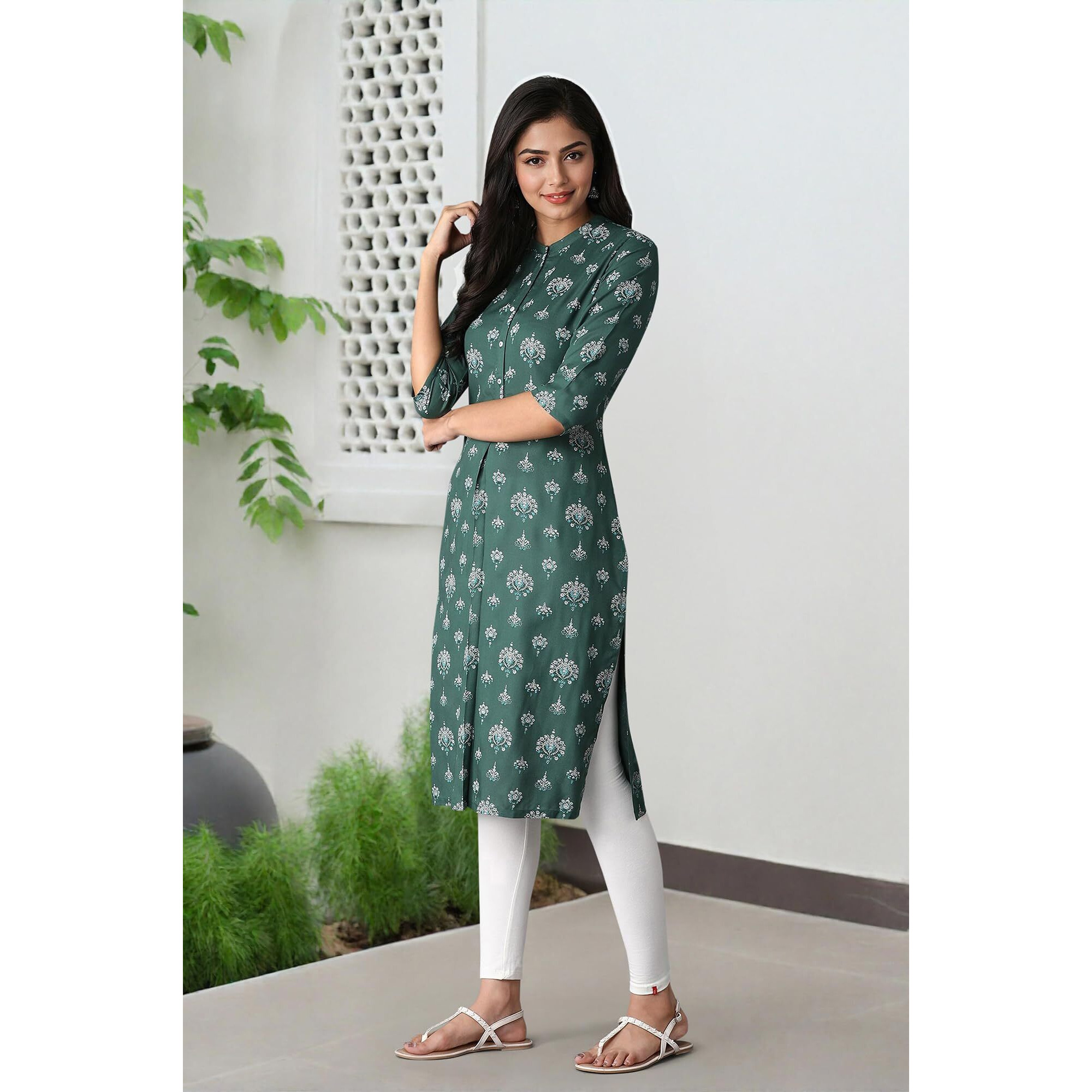 W Green Floral Printed Regular Kurta For Women