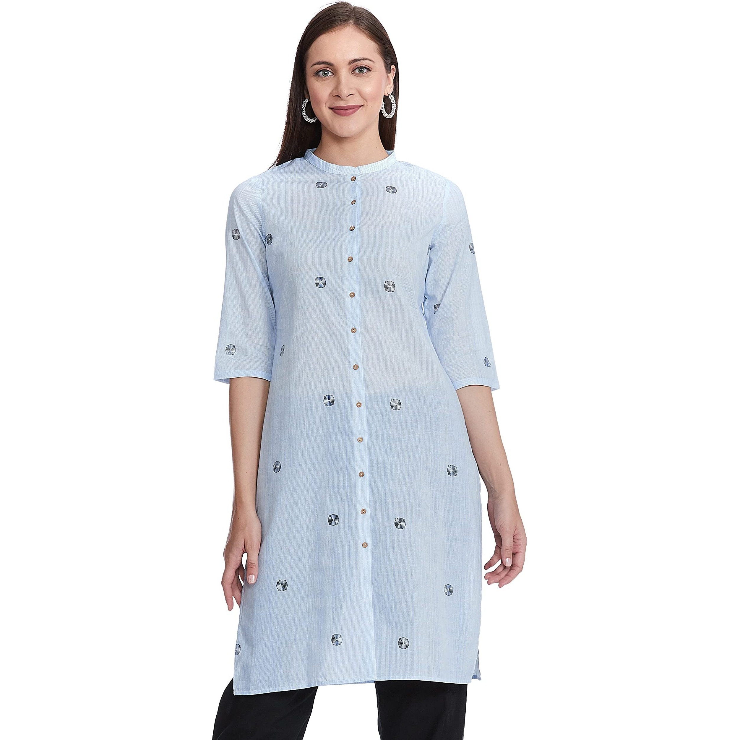 W Light Blue Cotton Polka Dot Regular Kurta For Women