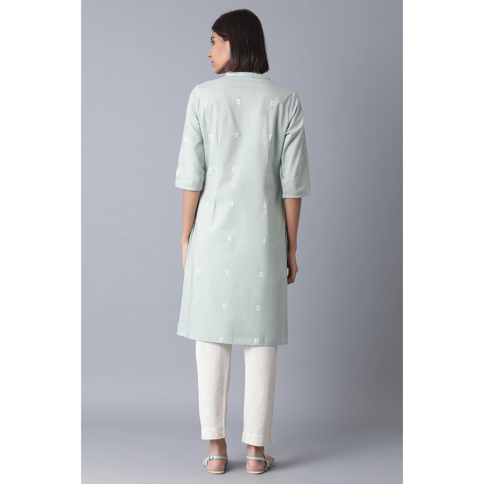 W For Woman Light Green Geometric Printed Cotton Regular Kurta