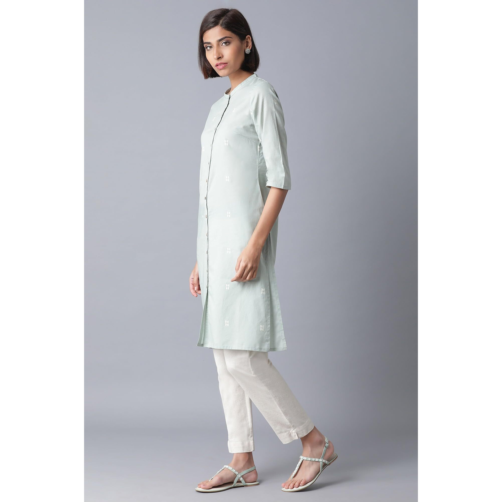 W For Woman Light Green Geometric Printed Cotton Regular Kurta