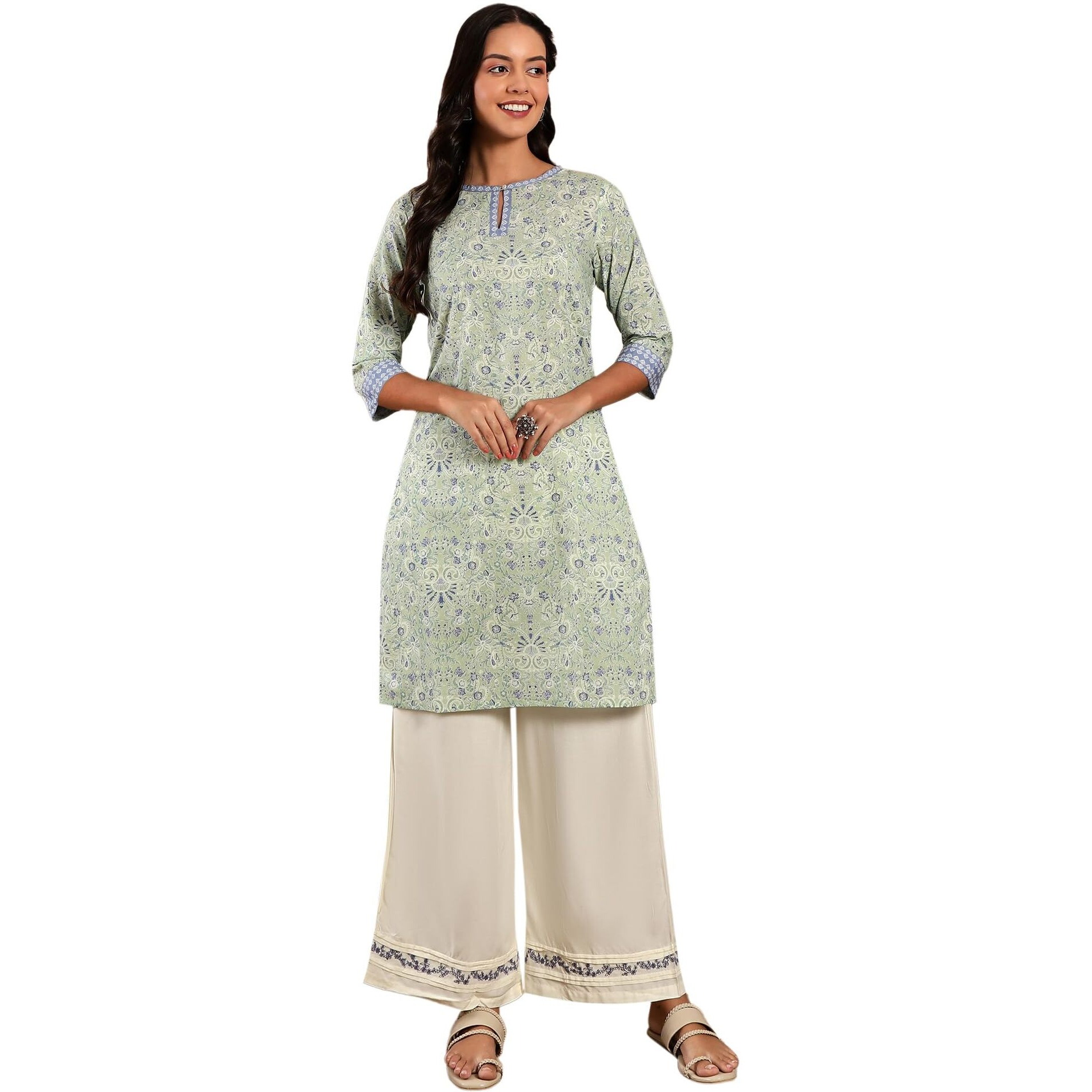W For Woman Light Green Floral Printed Cotton Regular Kurta