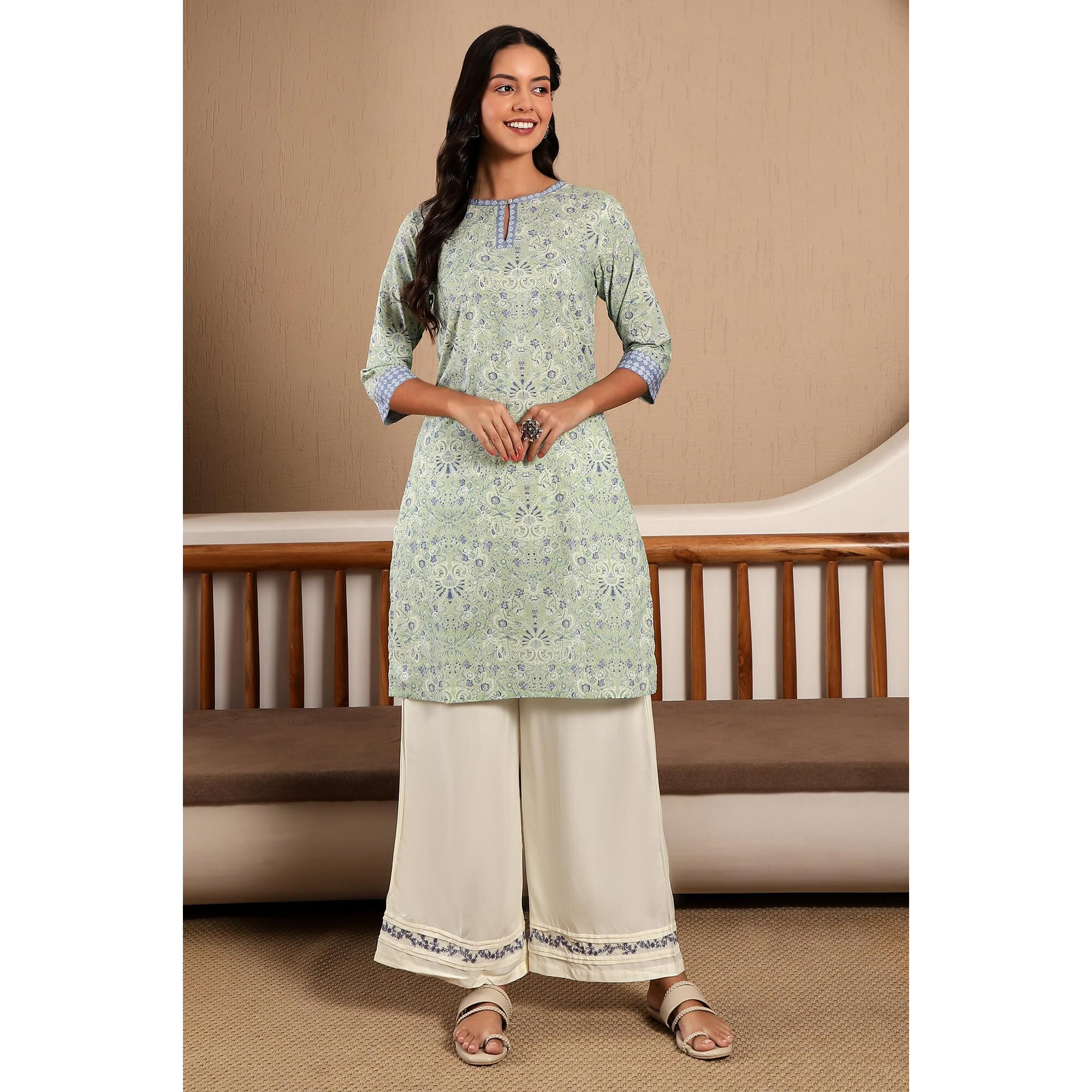 W For Woman Light Green Floral Printed Cotton Regular Kurta