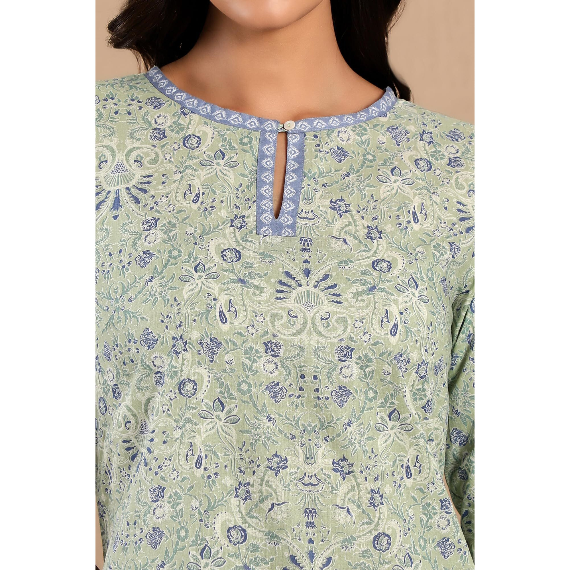W For Woman Light Green Floral Printed Cotton Regular Kurta
