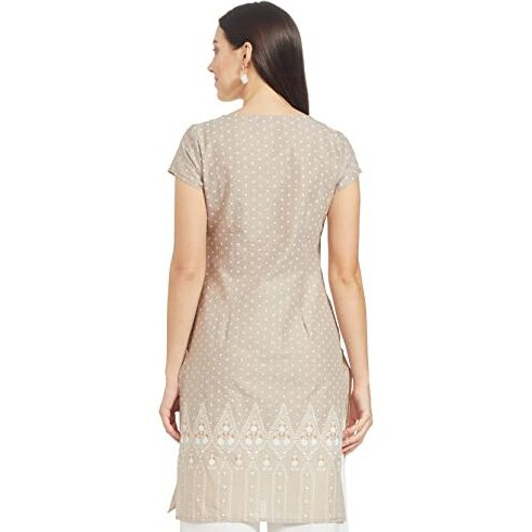 W Beige Cotton Ethnic Motif Regular Kurta For Women