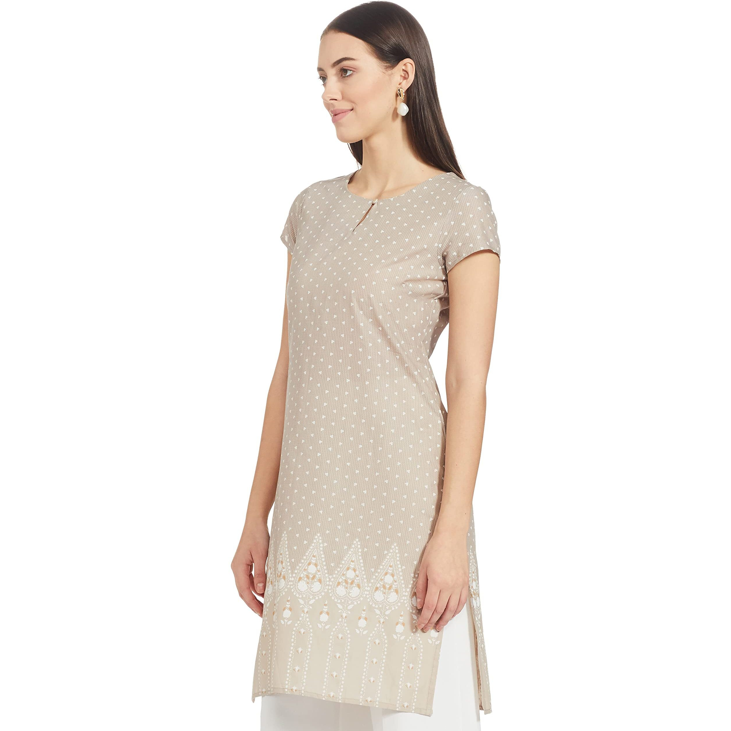 W Beige Cotton Ethnic Motif Regular Kurta For Women