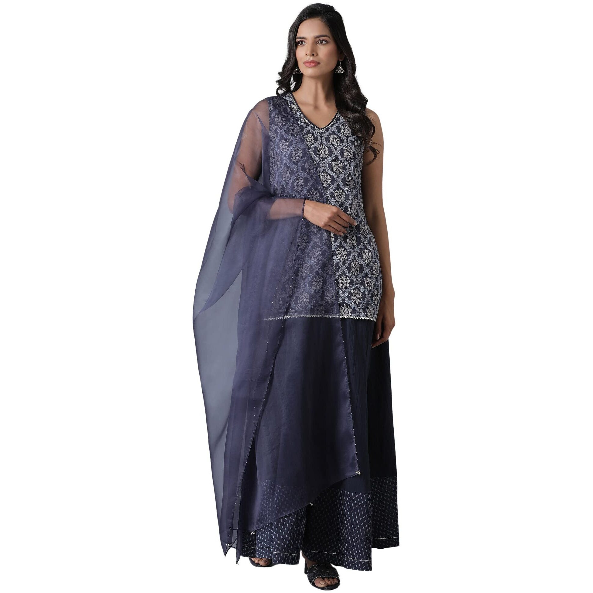 Blue Short Kurta-Crinkled Skirt-Organza Drape Set