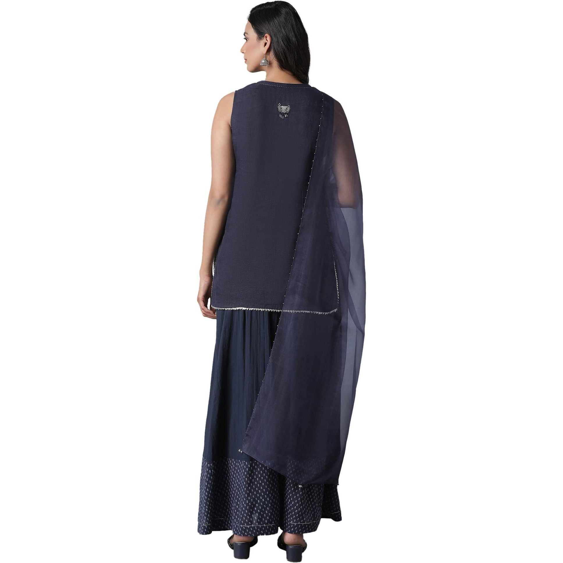 Blue Short Kurta-Crinkled Skirt-Organza Drape Set