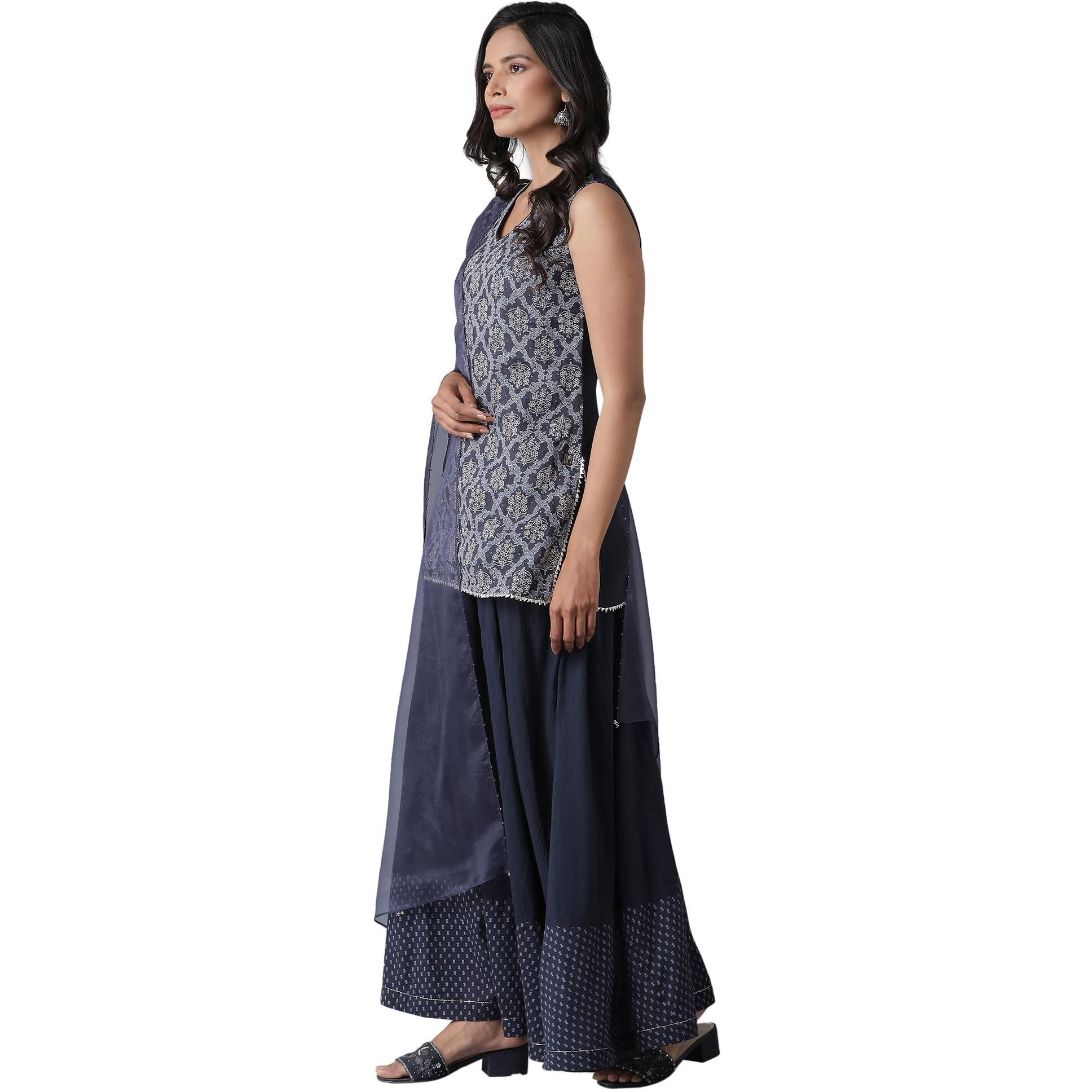 Blue Short Kurta-Crinkled Skirt-Organza Drape Set