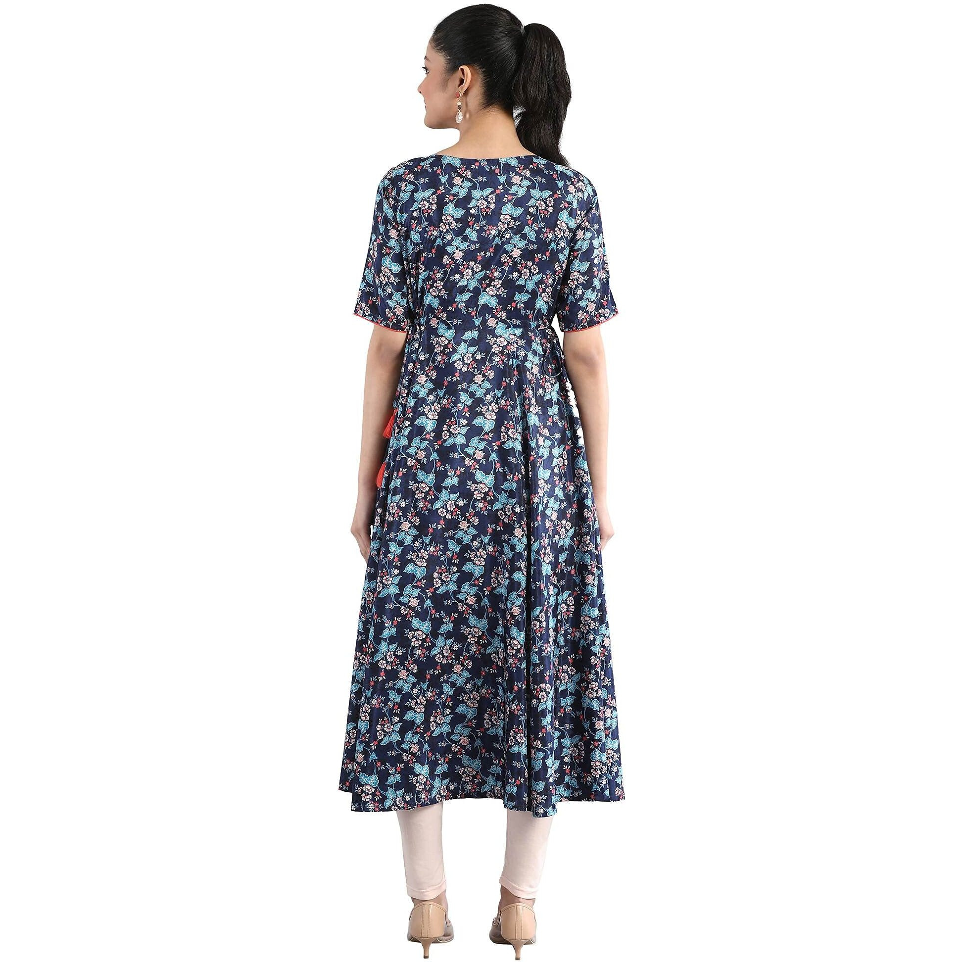Aurelia Women's Polyester Navy Geometric Round Neck Flared Kurta_21Fea12287-503261_S