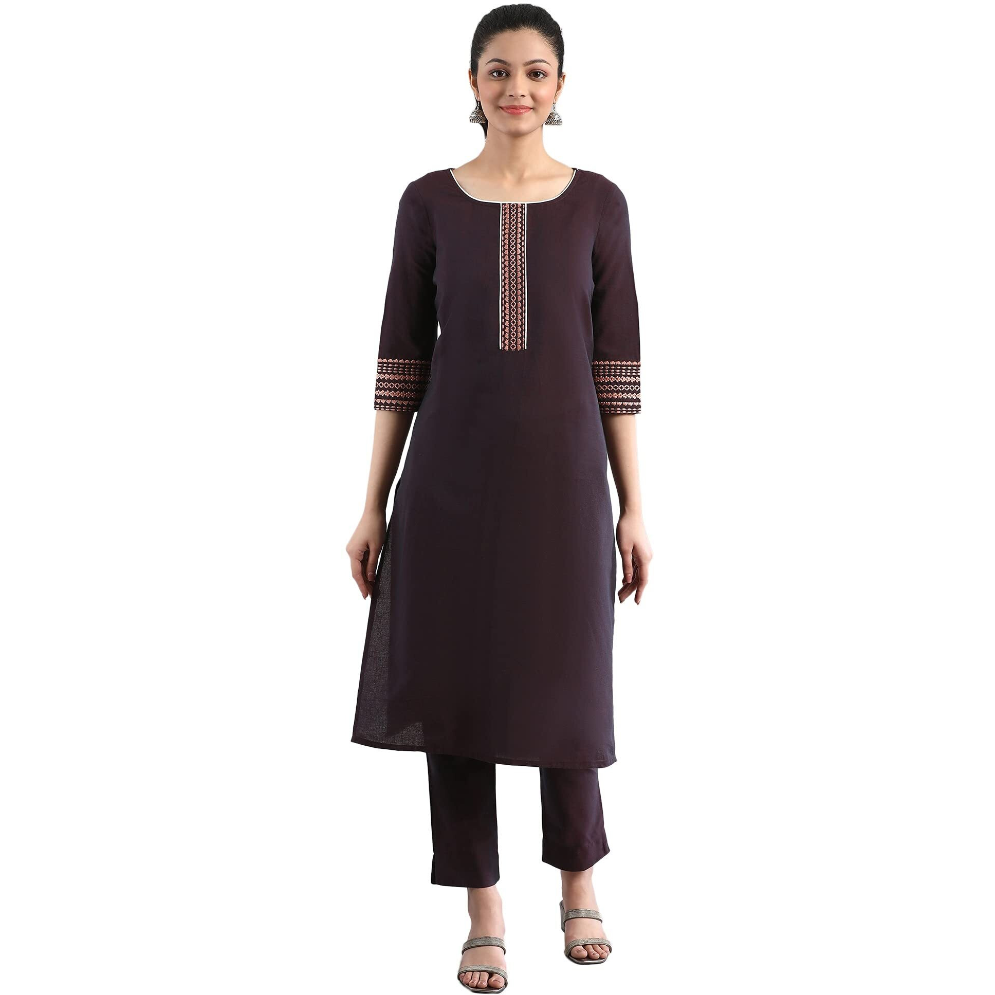 Aurelia Women's Cotton Purple Solid Round Neck Straight Kurta_21Fea12216-702159_S