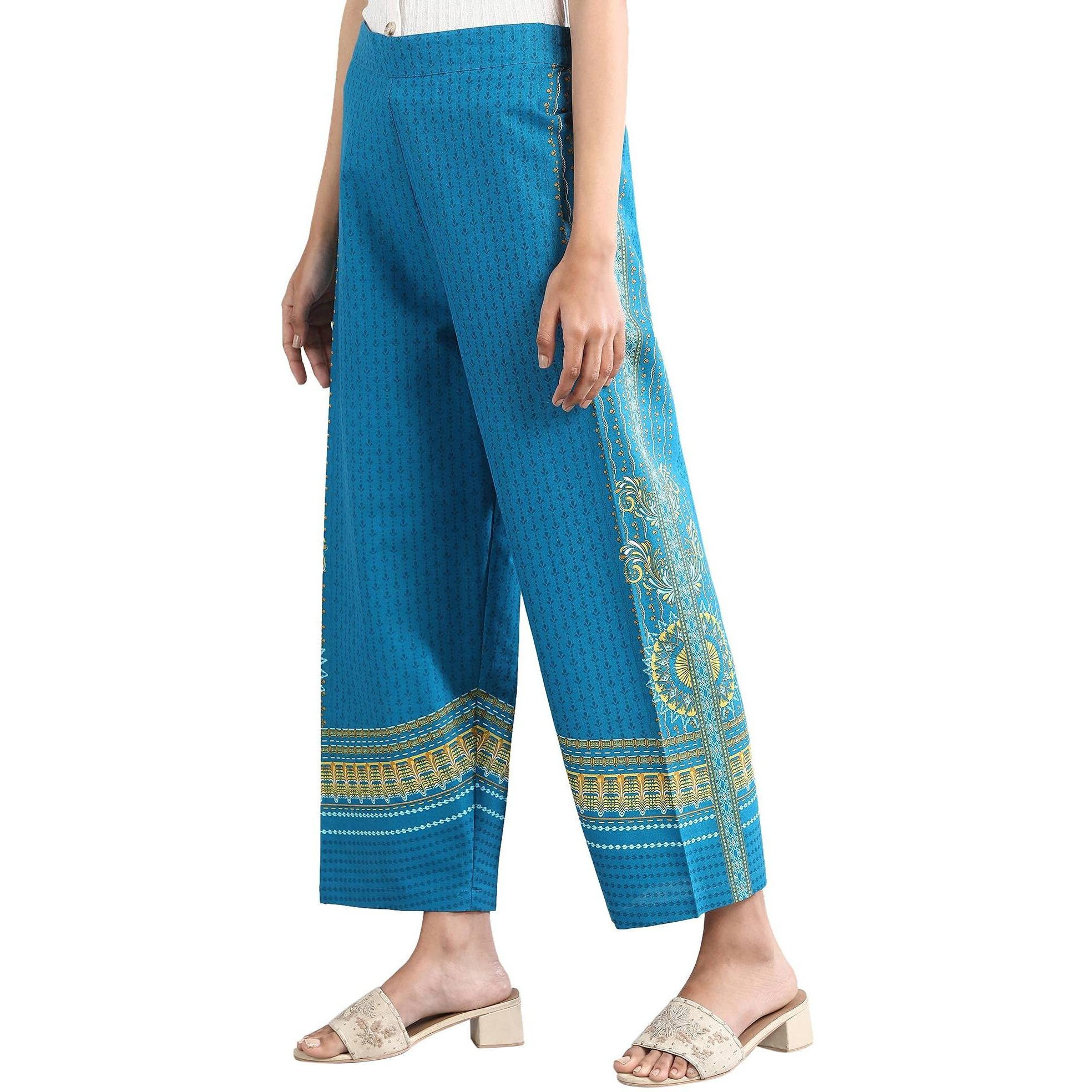 Aurelia Women's Loose Fit Cotton Palazzos (21Fea60204-502867-Blue-M_Blue_M)