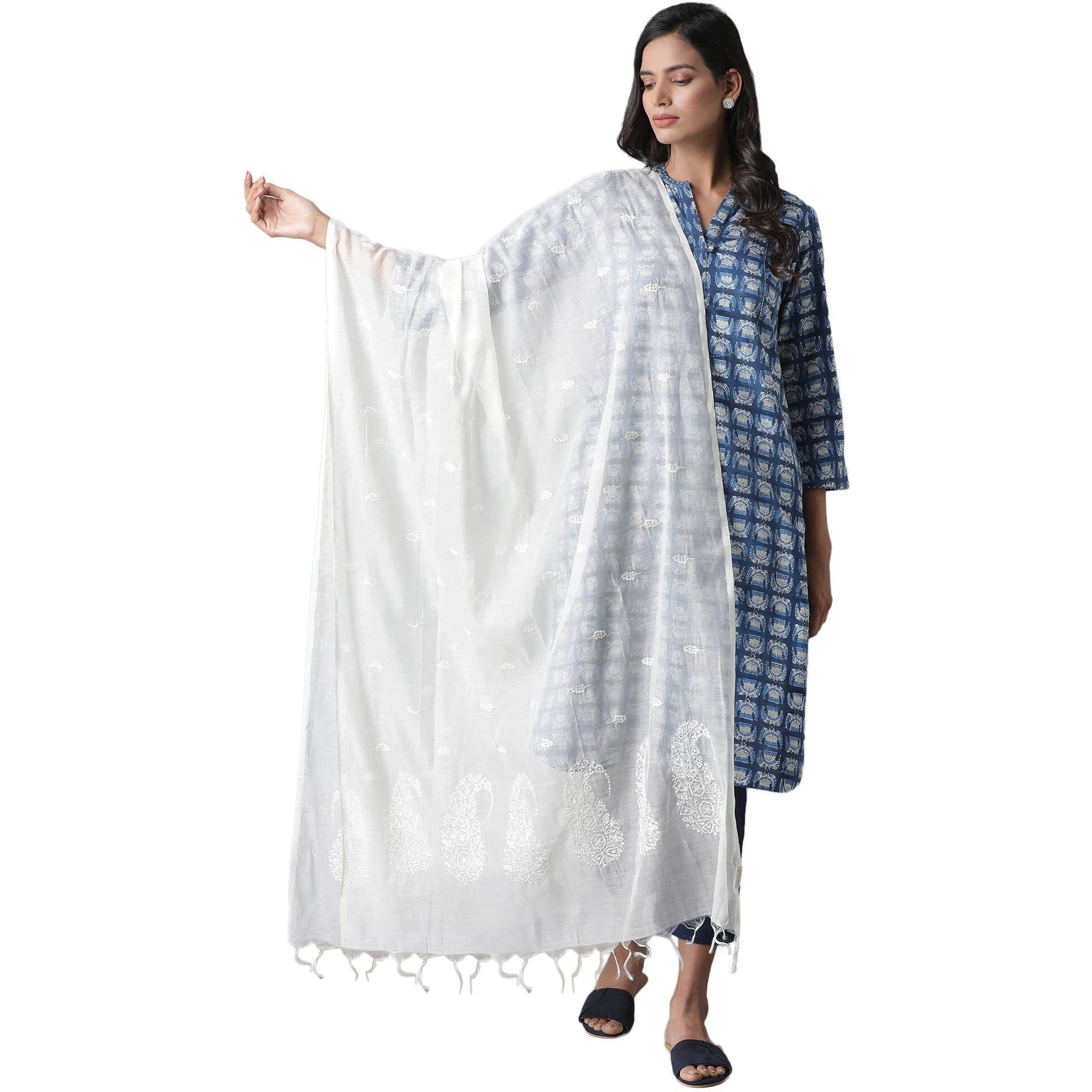 Folksong By W Ecru Chanderi Drape With Chikankari Emb