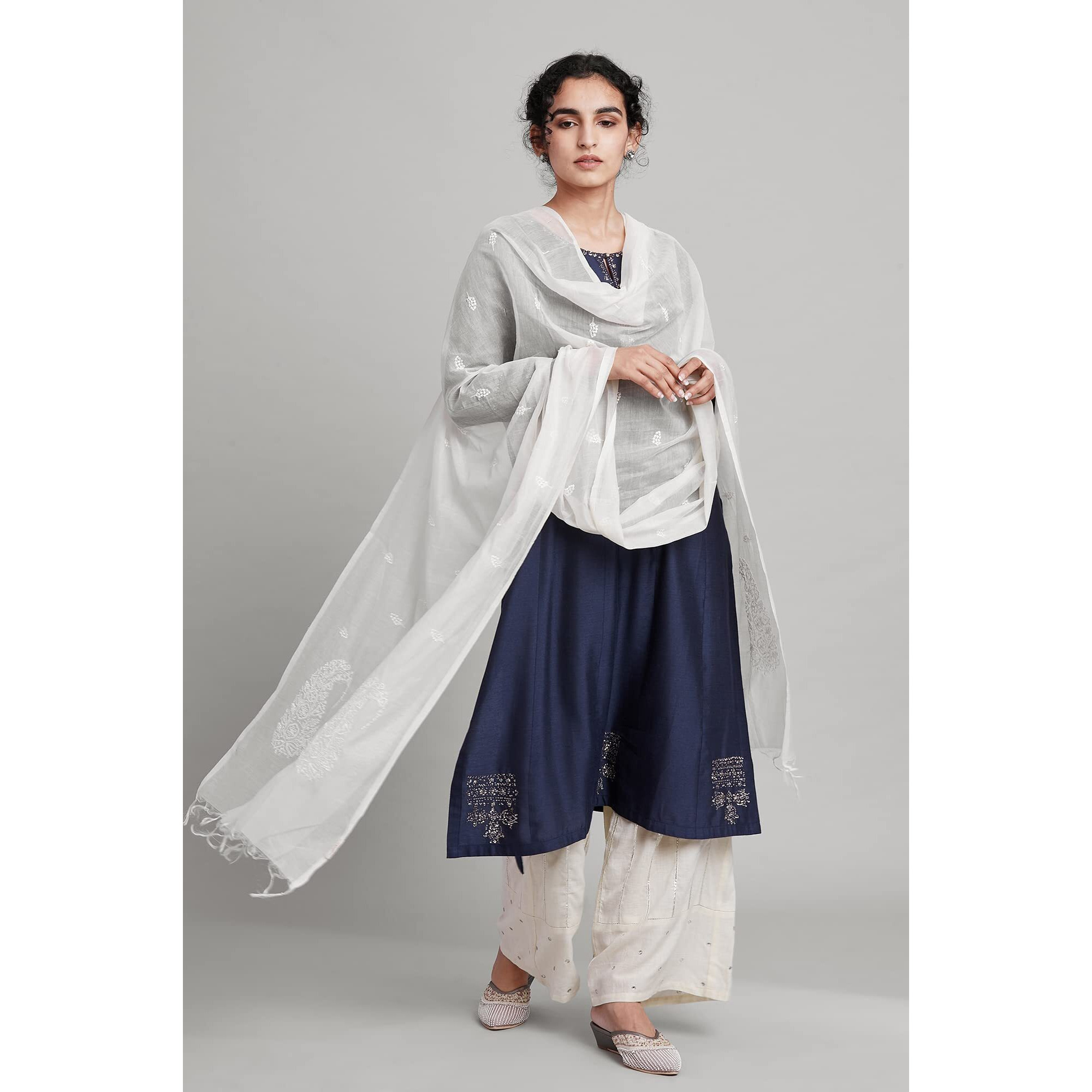 Folksong By W Ecru Chanderi Drape With Chikankari Emb