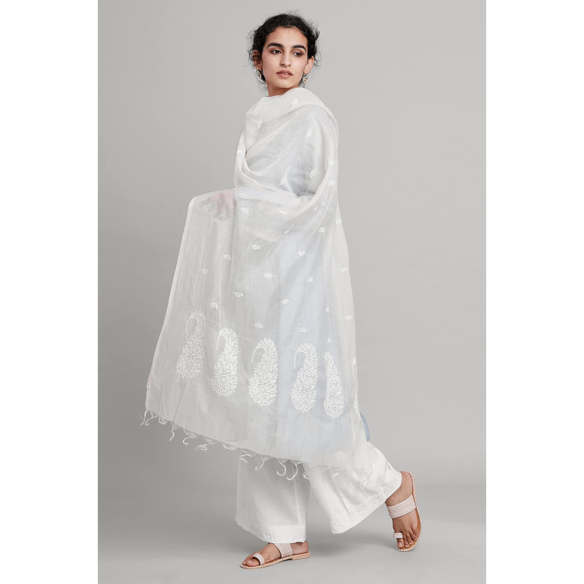 Folksong By W Ecru Chanderi Drape With Chikankari Emb